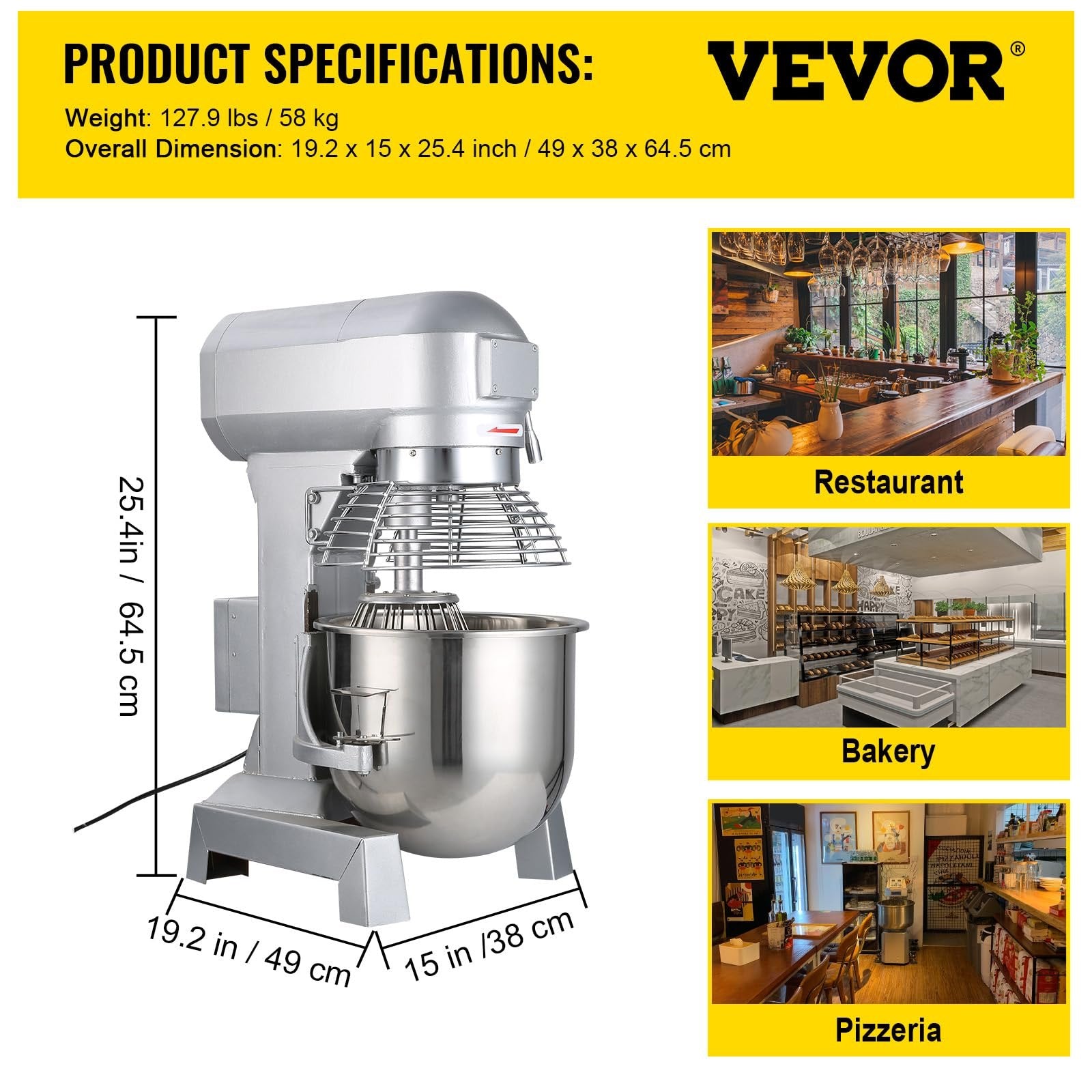 VEVOR Commercial Food Mixer 15Qt 600W 3 Speeds Adjustable 110/178/390 RPM Heavy Duty 110V with Stainless Steel Bowl Dough Hooks Whisk Beater Premium for Schools Bakeries Restaurants Pizzerias 