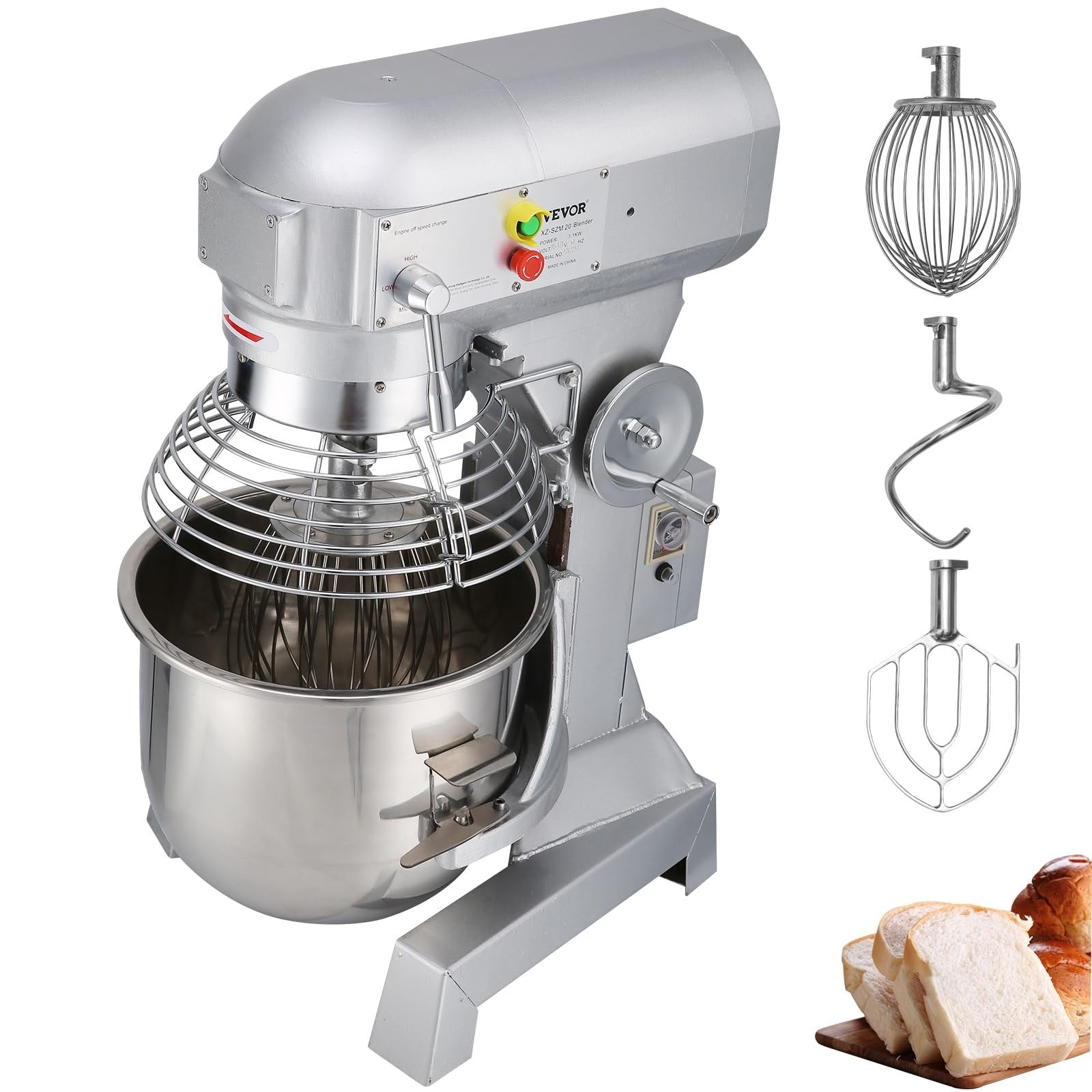 VEVOR Commercial Food Mixer 15Qt 600W 3 Speeds Adjustable 110/178/390 RPM Heavy Duty 110V with Stainless Steel Bowl Dough Hooks Whisk Beater Premium for Schools Bakeries Restaurants Pizzerias 