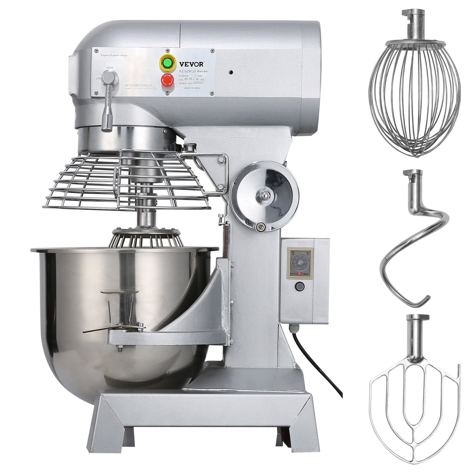 VEVOR Commercial Food Mixer 15Qt 600W 3 Speeds Adjustable 110/178/390 RPM Heavy Duty 110V with Stainless Steel Bowl Dough Hooks Whisk Beater Premium for Schools Bakeries Restaurants Pizzerias 