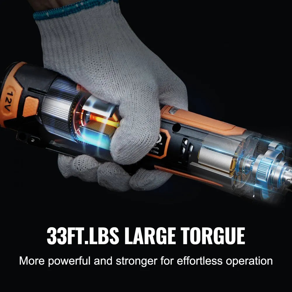 VEVOR Cordless Electric Ratchet Wrench, 3/8" Sub-Compact, 33 FT-lbs Max Torque, 45-Min Fast Charging, with 2-Pack 12V Rechargable Battery, Built-in LED Work Light, 9 Cr-V Sockets and Drive Adapter
