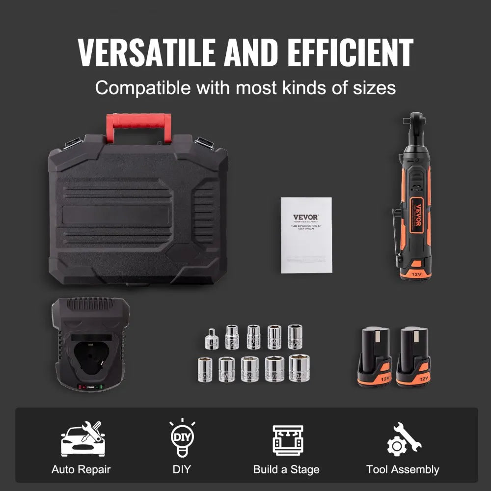 VEVOR Cordless Electric Ratchet Wrench, 3/8" Sub-Compact, 33 FT-lbs Max Torque, 45-Min Fast Charging, with 2-Pack 12V Rechargable Battery, Built-in LED Work Light, 9 Cr-V Sockets and Drive Adapter
