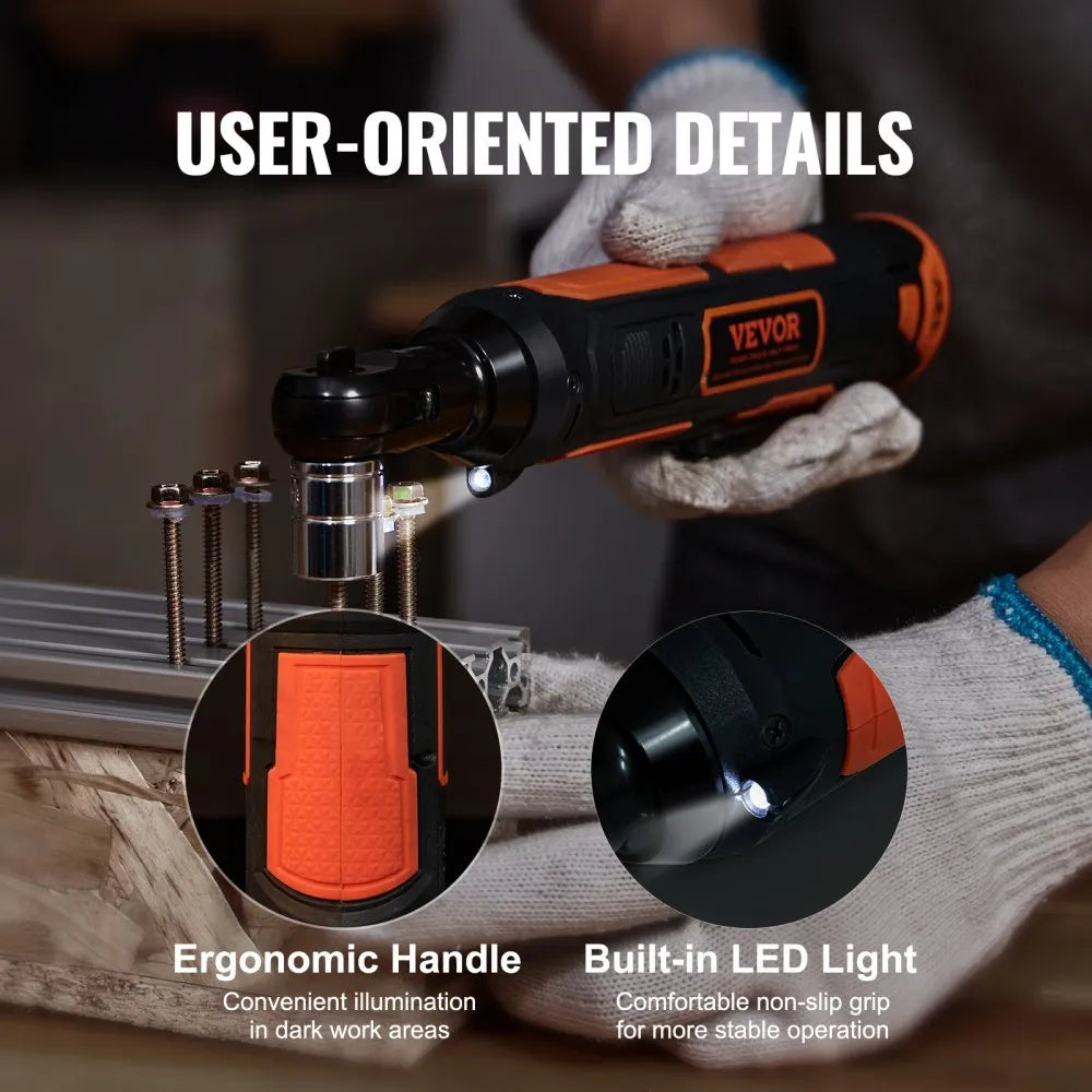 VEVOR Cordless Electric Ratchet Wrench, 3/8" Sub-Compact, 33 FT-lbs Max Torque, 45-Min Fast Charging, with 2-Pack 12V Rechargable Battery, Built-in LED Work Light, 9 Cr-V Sockets and Drive Adapter