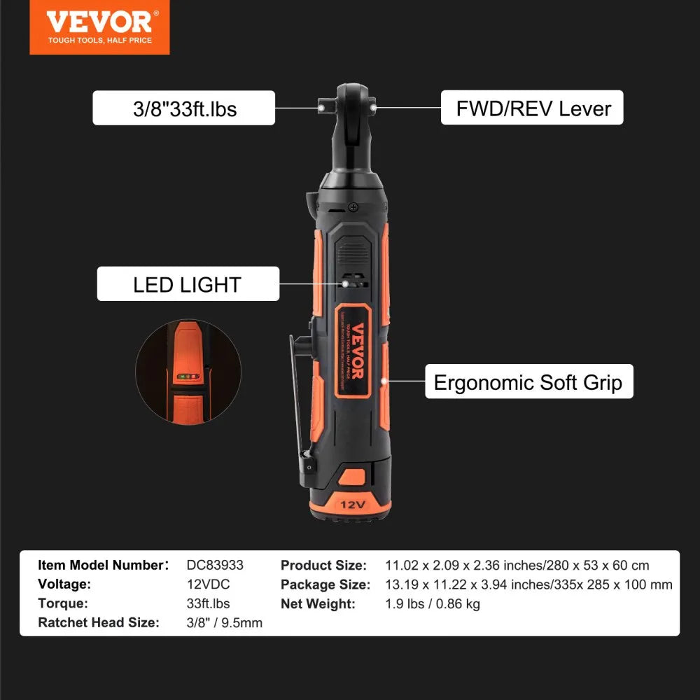 VEVOR Cordless Electric Ratchet Wrench, 3/8" Sub-Compact, 33 FT-lbs Max Torque, 45-Min Fast Charging, with 2-Pack 12V Rechargable Battery, Built-in LED Work Light, 9 Cr-V Sockets and Drive Adapter