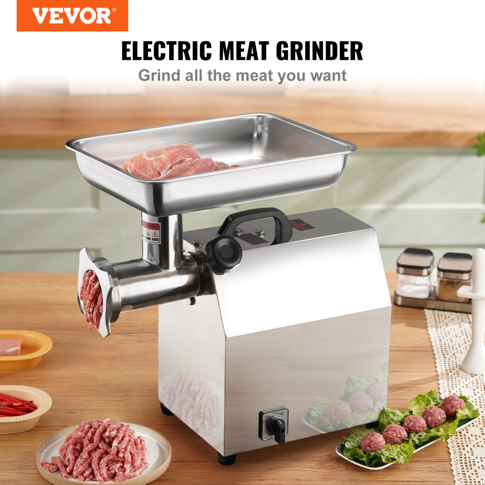 VEVOR Electric Meat Grinder, 396 Lb/H Capacity, 1100W (4600W MAX) Industrial Meat Mincer with 2 Blade, 3 Grinding Plates, Sausage Tube 304 Stainless Steel Commercial Meat Grinder, ETL Listed 