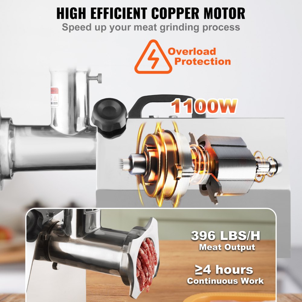 VEVOR Electric Meat Grinder, 396 Lb/H Capacity, 1100W (4600W MAX) Industrial Meat Mincer with 2 Blade, 3 Grinding Plates, Sausage Tube 304 Stainless Steel Commercial Meat Grinder, ETL Listed 