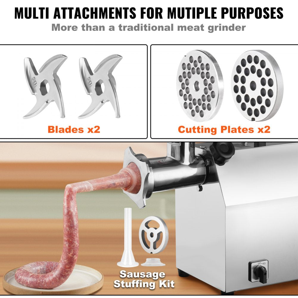 VEVOR Electric Meat Grinder, 396 Lb/H Capacity, 1100W (4600W MAX) Industrial Meat Mincer with 2 Blade, 3 Grinding Plates, Sausage Tube 304 Stainless Steel Commercial Meat Grinder, ETL Listed 