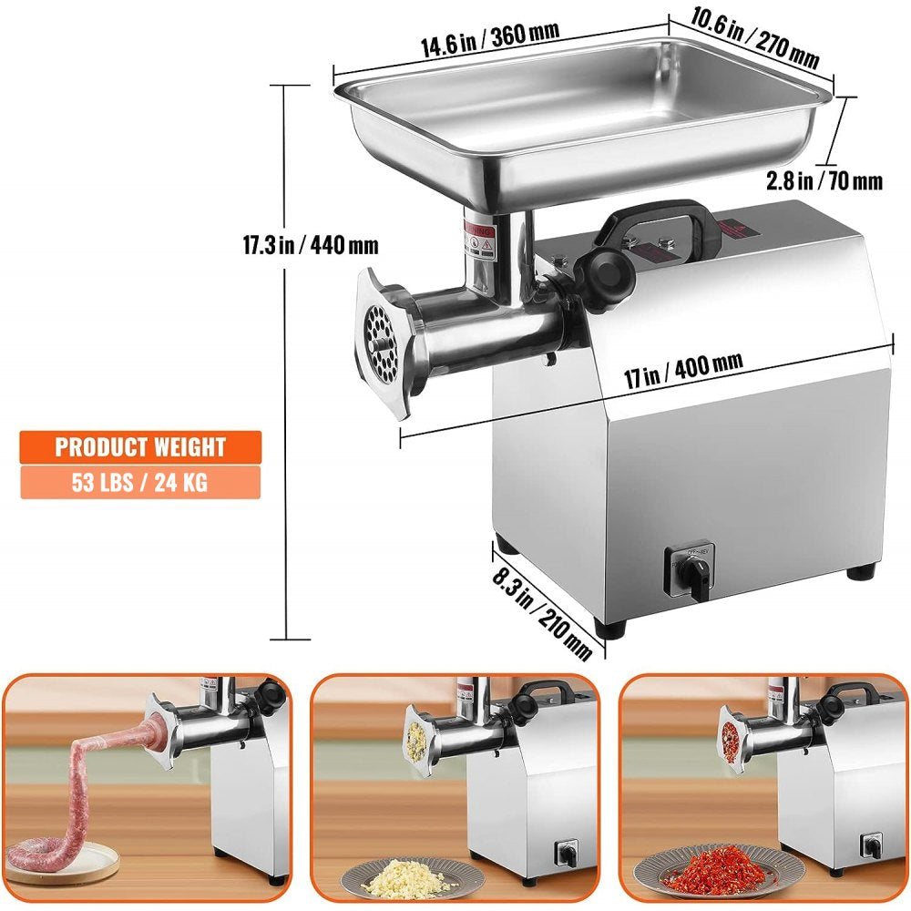 VEVOR Electric Meat Grinder, 396 Lb/H Capacity, 1100W (4600W MAX) Industrial Meat Mincer with 2 Blade, 3 Grinding Plates, Sausage Tube 304 Stainless Steel Commercial Meat Grinder, ETL Listed 