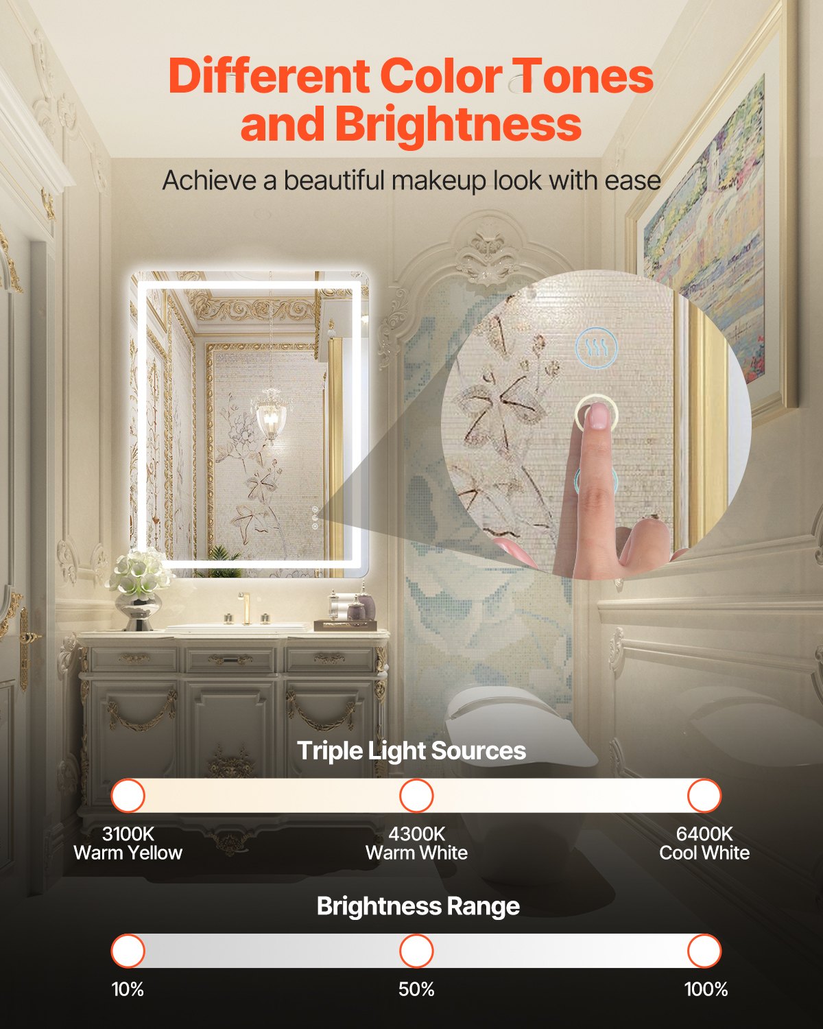 VEVOR LED Bathroom Mirror 3 Colors Anti-fog Wall Mounted Vanity Mirror 28" x 36" 
