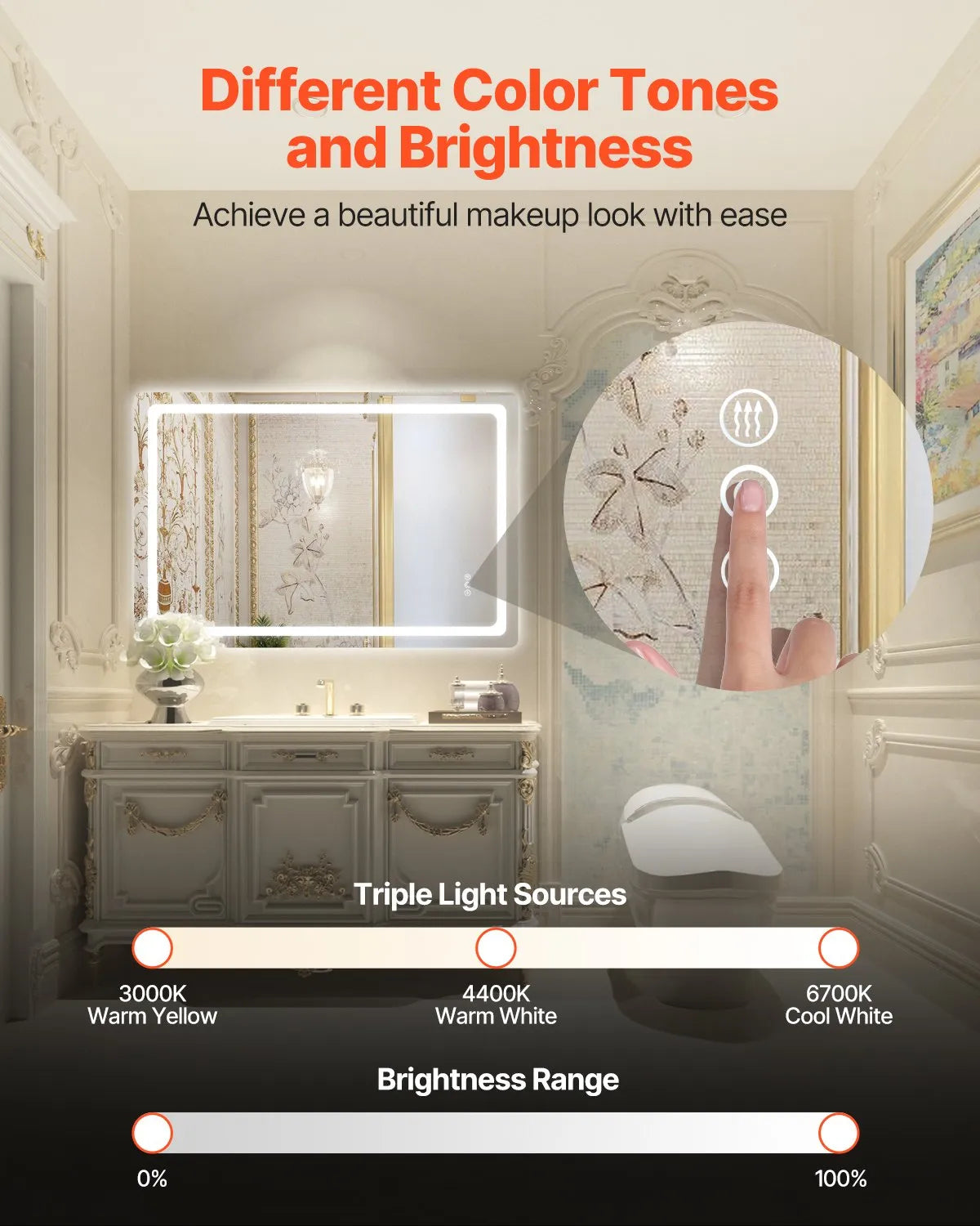 VEVOR LED Bathroom Mirror 3 Colors Anti-fog Wall Mounted Vanity Mirror 32" x 48"