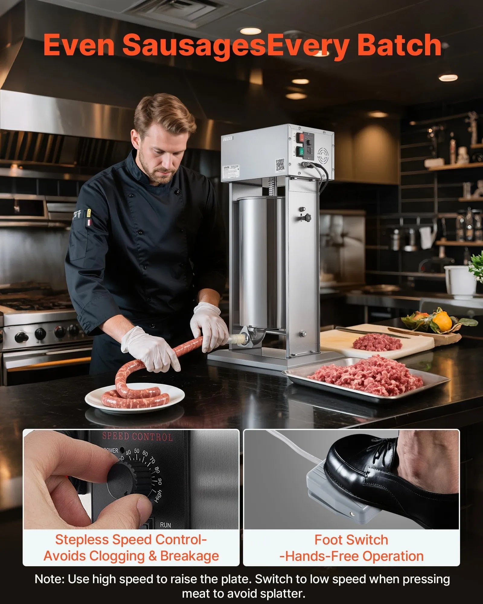 VEVOR Electric Sausage Stuffer, 55 LBS / 25 L Vertical Meat Stuffer, Stepless Speed Control and Foot Pedal, Stainless Steel Heavy Duty Sausage Filler with 5 Stuffing Tubes, for Commercial & Home Use 