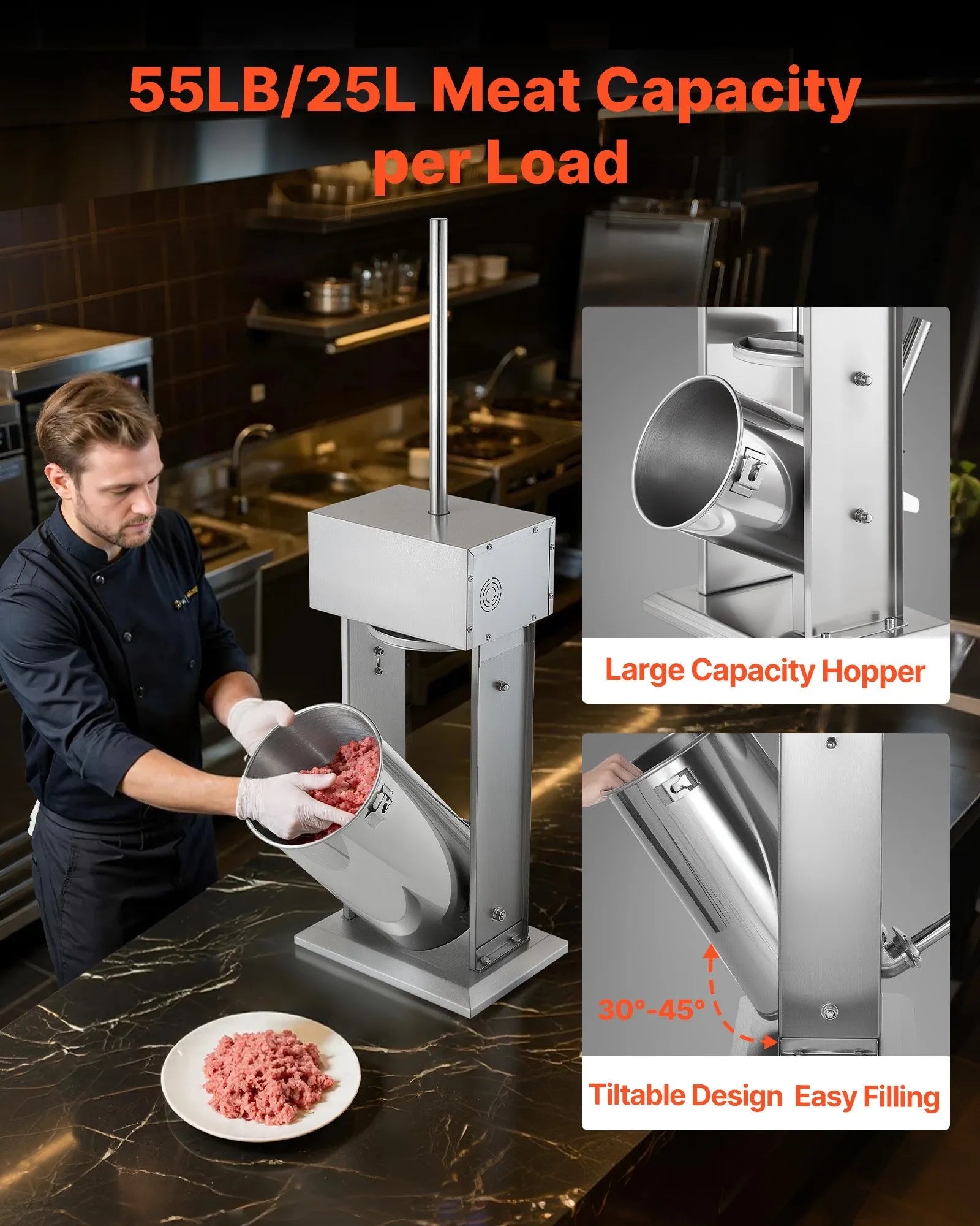 VEVOR Electric Sausage Stuffer, 55 LBS / 25 L Vertical Meat Stuffer, Stepless Speed Control and Foot Pedal, Stainless Steel Heavy Duty Sausage Filler with 5 Stuffing Tubes, for Commercial & Home Use 