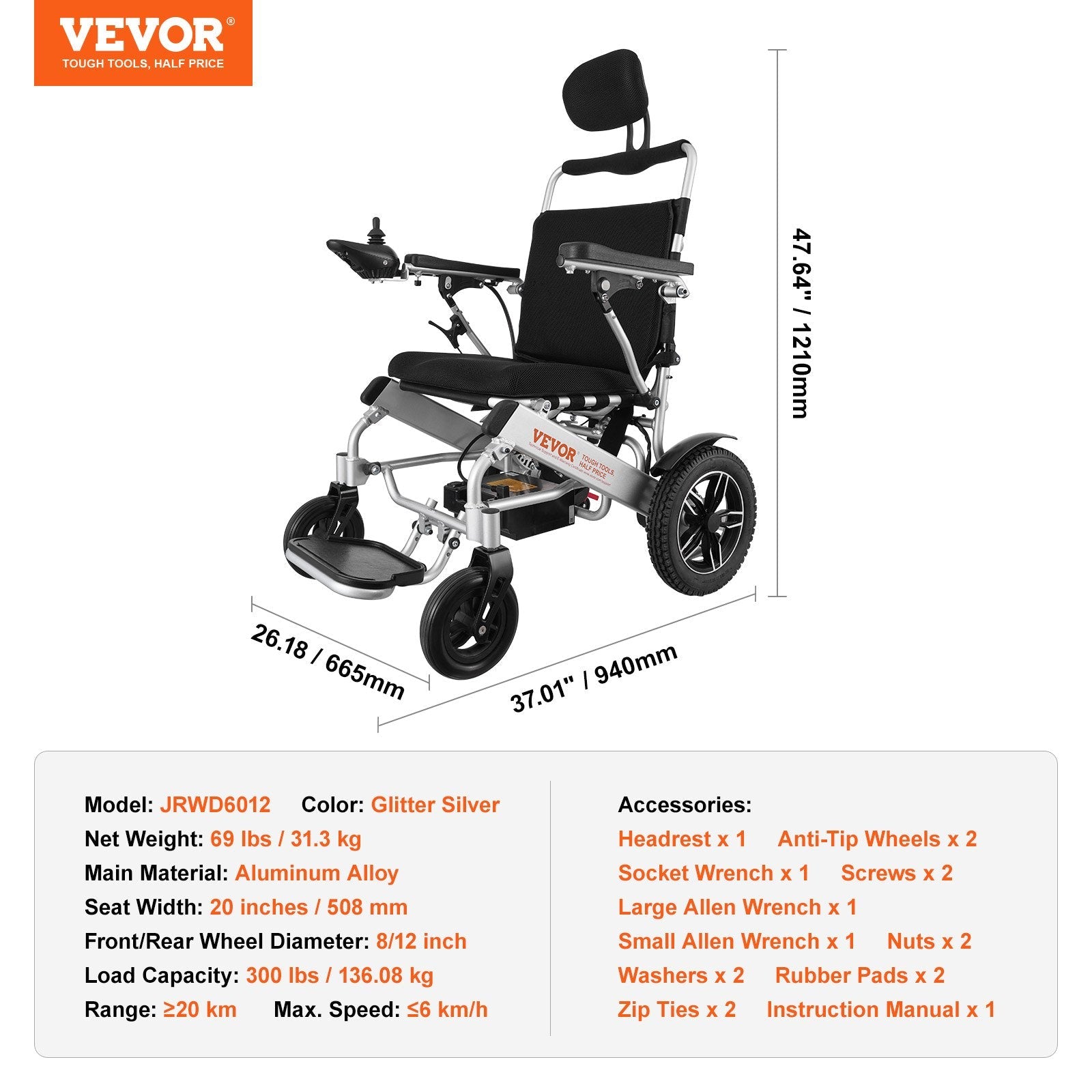 VEVOR Electric Wheelchair for Adults Seniors, 300 lbs Weight Capacity, 20 in Width Lightweight Foldable Motorized Power Wheelchairs, Long Range All Terrain Aluminum Alloy Chair, Adjustable Backrest 