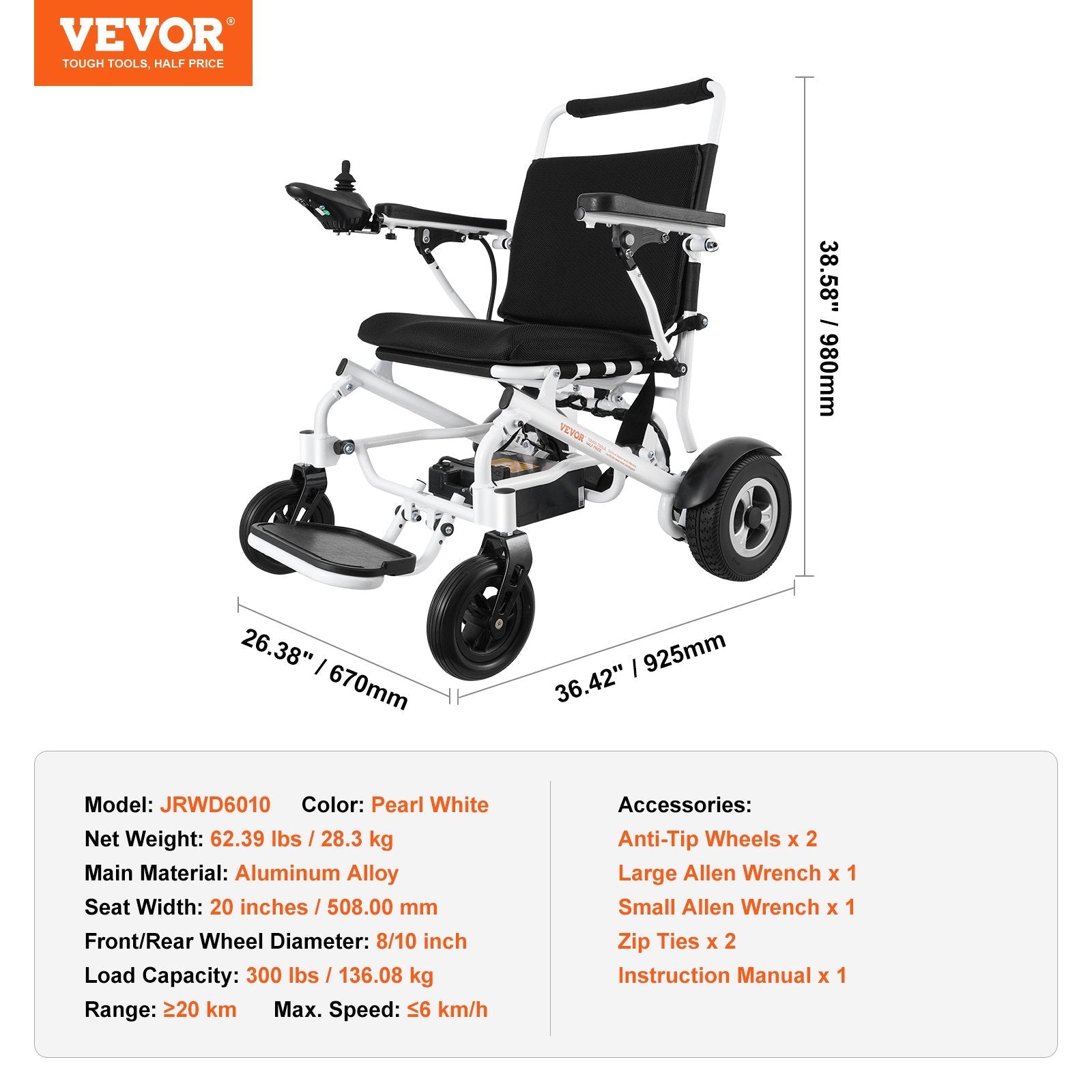 VEVOR Electric Wheelchair for Adults Seniors, 300 lbs Weight Capacity, 20 in Width Lightweight Foldable Motorized Power Wheelchairs, Long Range All Terrain Aluminum Alloy Chair 