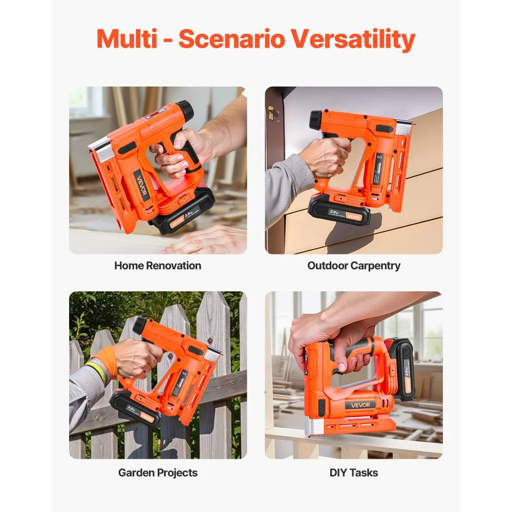 VEVOR Cordless Brad Nailer, 2-in-1 Nail Gun Staple Gun, 18 Gauge 5/8 inch, Includes 1000 Pcs Staples and 1000 Pcs Nails, with Battery and Charger, Non-Slip Rubber Grip, for Woodworking DIY Projects 