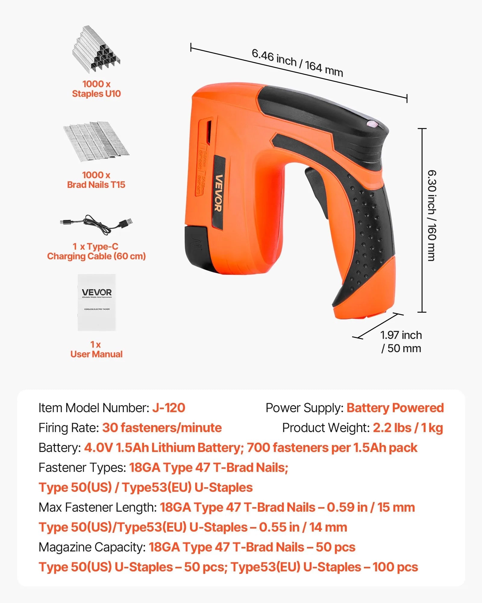 VEVOR Cordless Brad Nailer, 2-in-1 Nail Gun Staple Gun, 18 Gauge 5/8 inch, Battery Powered, with 1000 Pcs Staples and 1000 Pcs Nails, Non-Slip Rubber Grip, for Woodworking, Carpentry and DIY Projects 