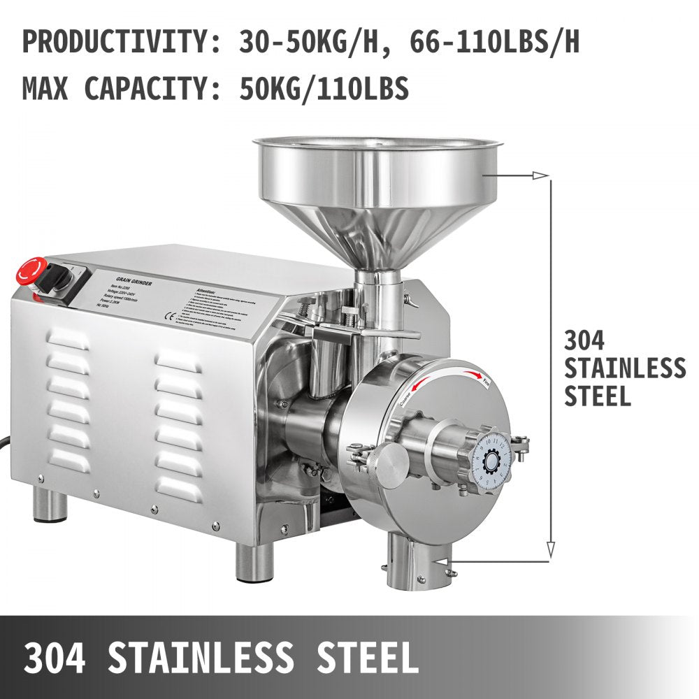 VEVOR Commercial Grinding Machine for Grain 2200W,Electric Stainless Steel Grain Grinder 30-50KG/H,Automatic Industrial Superfine Grain Grinder for Dried Materials Chinese Herb Spice Pepper Soybean 