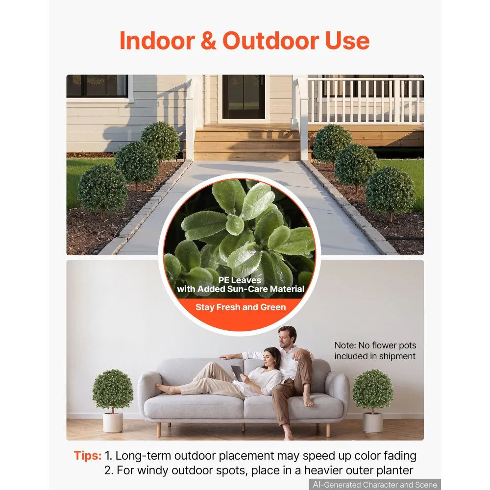 20-Inch Artificial Boxwood Topiary Ball Set of 2 with Metal Ground Stakes – Indoor & Outdoor Faux Green Shrubs