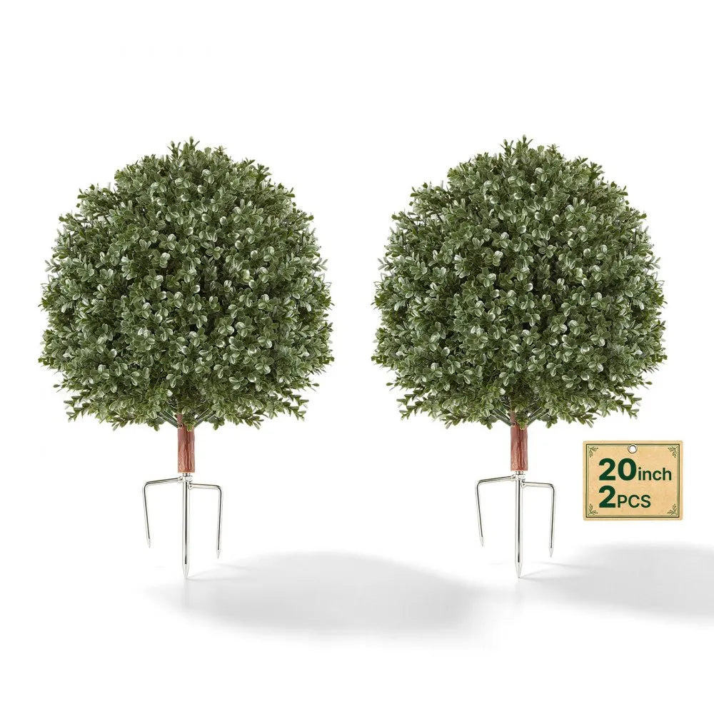 20-Inch Artificial Boxwood Topiary Ball Set of 2 with Metal Ground Stakes – Indoor & Outdoor Faux Green Shrubs