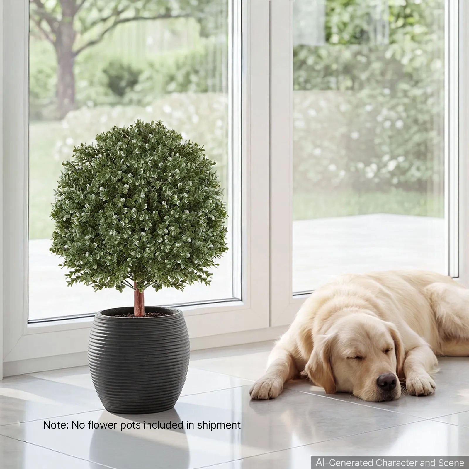 20-Inch Artificial Boxwood Topiary Ball Set of 2 with Metal Ground Stakes – Indoor & Outdoor Faux Green Shrubs