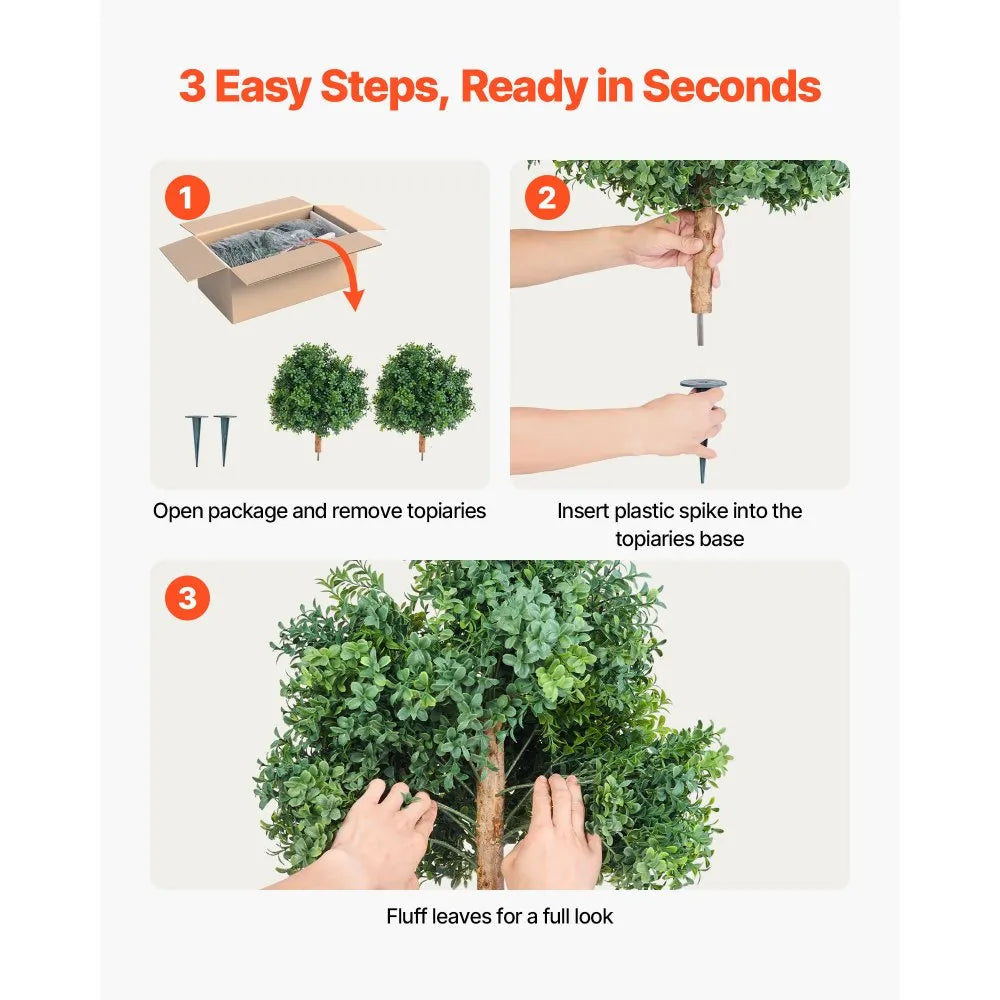 22" Artificial Topiary Boxwood Trees with Ground Spikes – 2 Piece Faux Outdoor Porch Shrub Set