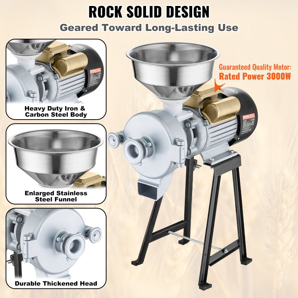 VEVOR 3000W Electric Grain Grinder Corn Wheat Flour Cereal Mill Wet & Dry 