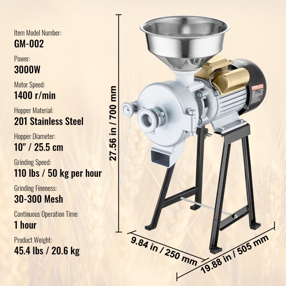 VEVOR 3000W Electric Grain Grinder Corn Wheat Flour Cereal Mill Wet & Dry 
