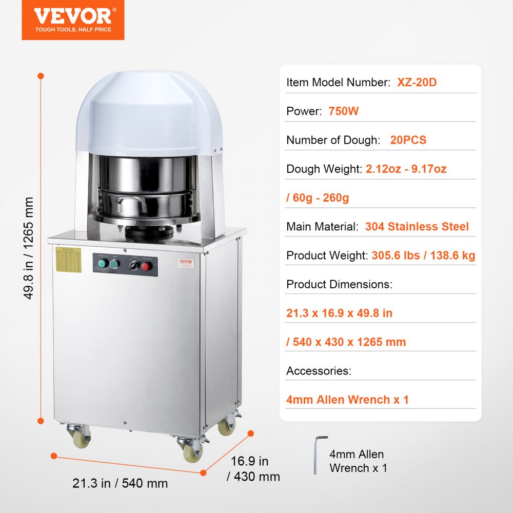 VEVOR Electric Dough Divider 20PCS Automatic Dough Cutter Bread Maker for Bakery 