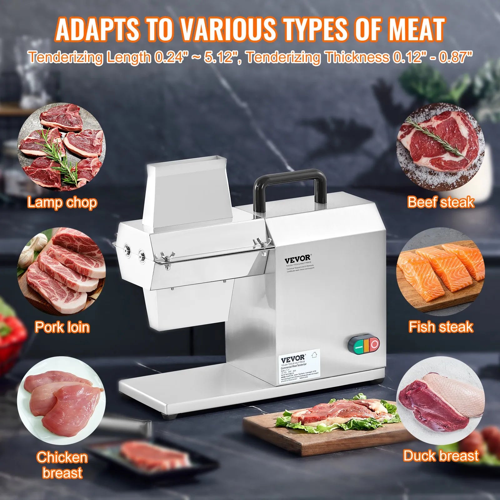 VEVOR Commercial Meat Tenderizer, Heavy Duty Stainless Steel Kitchen Tool with Handle, Meat Tong, and Cleaning Brush, 450W Electric Meat Tenderizer Machine for Beef, Turkey, Chicken, Pork, and Fish
