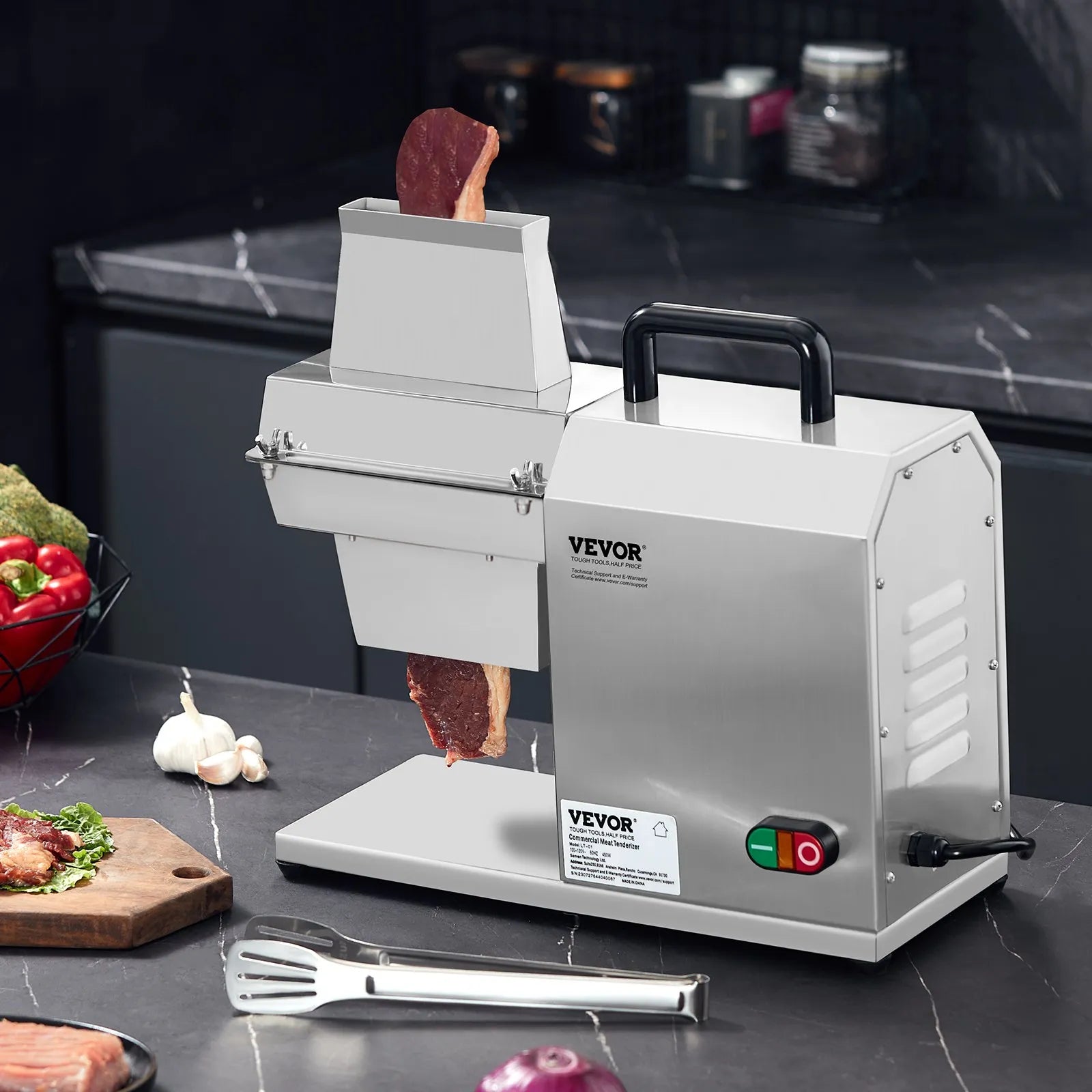 VEVOR Commercial Meat Tenderizer, Heavy Duty Stainless Steel Kitchen Tool with Handle, Meat Tong, and Cleaning Brush, 450W Electric Meat Tenderizer Machine for Beef, Turkey, Chicken, Pork, and Fish