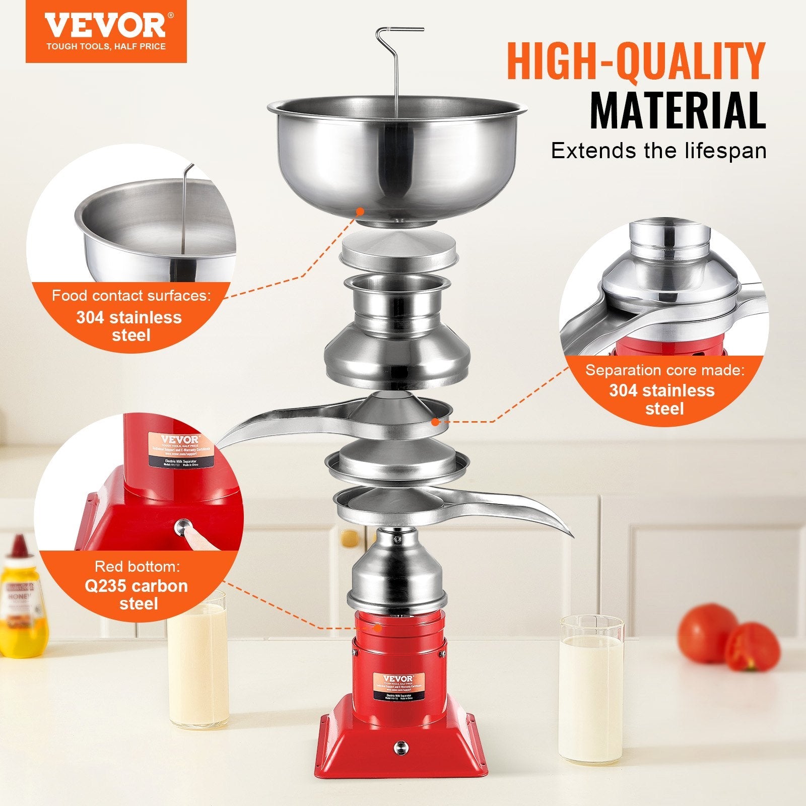 VEVOR Milk Cream Centrifugal Separator, 304 Stainless Steel Electric Cream Separators, 100L/H Output 10500RPM Goat Milk Separator, 30W Cow Cream Separator, Milk Skimmer with 5L Bowl Capacity, 100-240V 