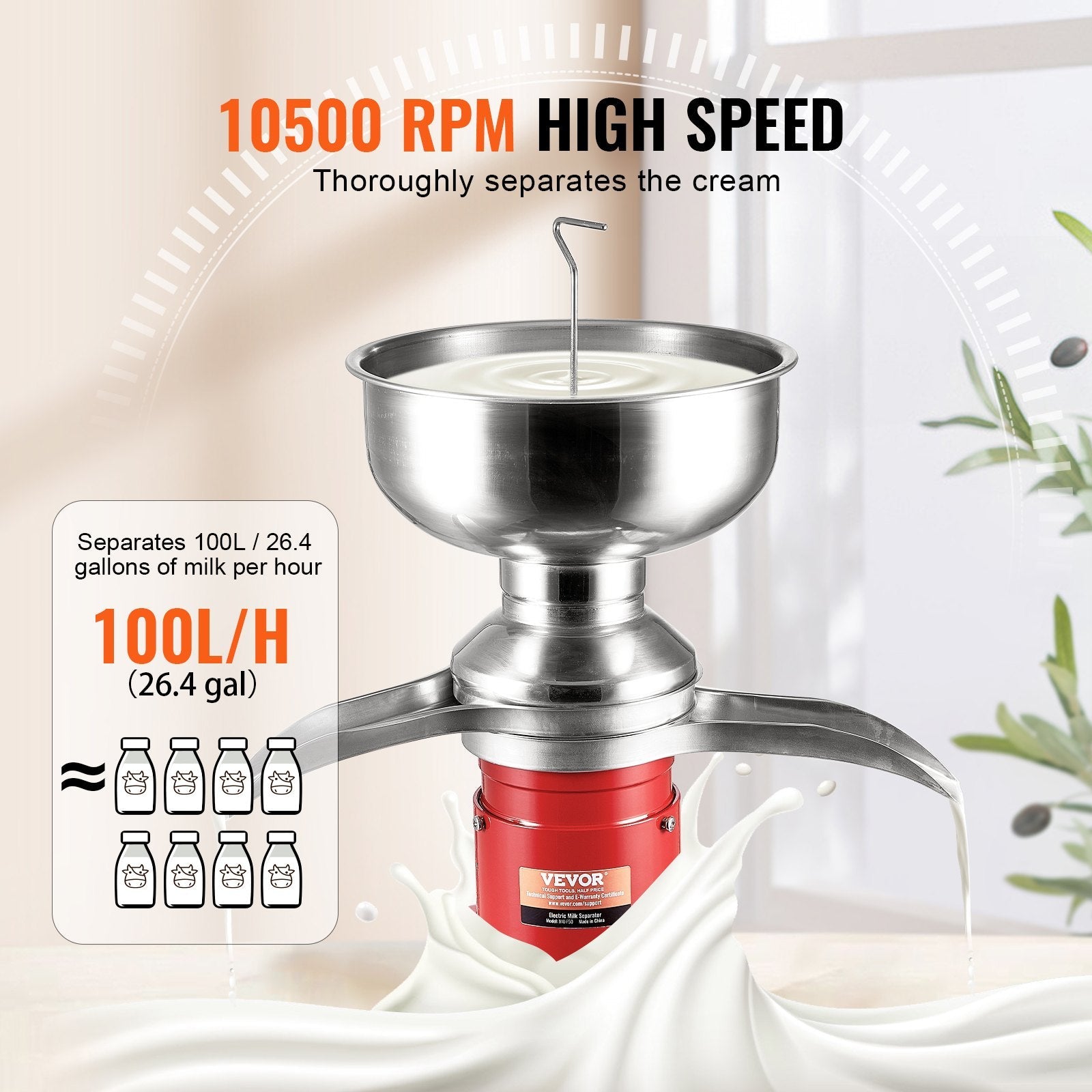 VEVOR Milk Cream Centrifugal Separator, 304 Stainless Steel Electric Cream Separators, 100L/H Output 10500RPM Goat Milk Separator, 30W Cow Cream Separator, Milk Skimmer with 5L Bowl Capacity, 100-240V 