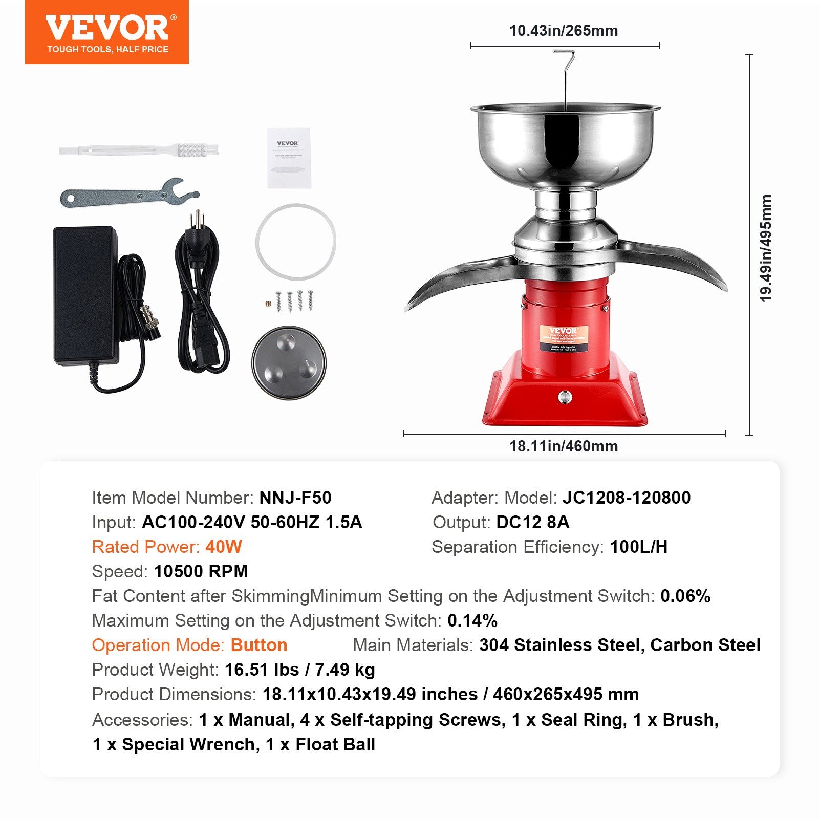 VEVOR Milk Cream Centrifugal Separator, 304 Stainless Steel Electric Cream Separators, 100L/H Output 10500RPM Goat Milk Separator, 30W Cow Cream Separator, Milk Skimmer with 5L Bowl Capacity, 100-240V 