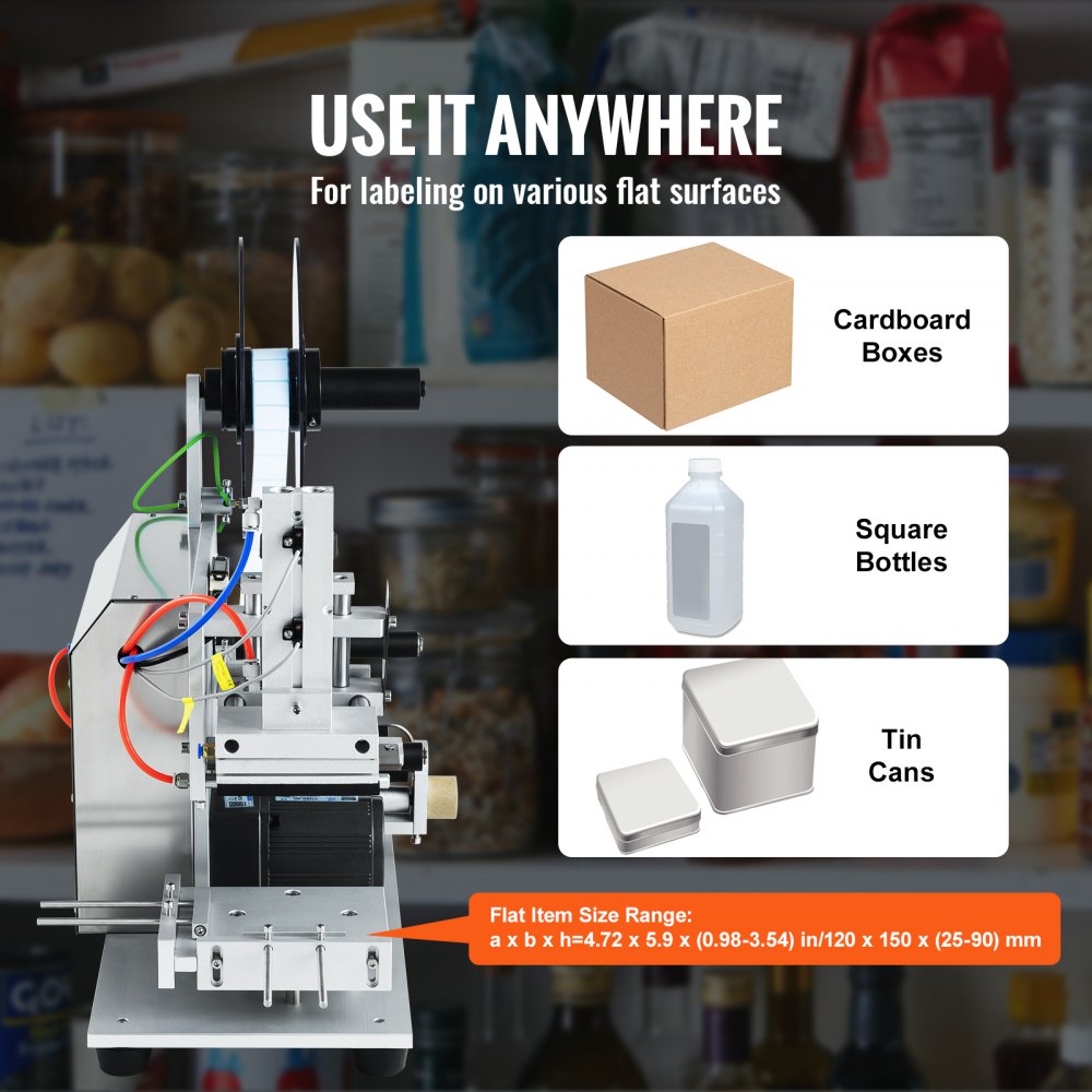 VEVOR Electric Flat Labeling Machine, 25-60pcs/min, Flat Surface Label Applicator for Cardboard Boxes/Square Bottles/Tin Cans, Labeler Suitable for Item Size Range of 4.72 x 5.9 x (0.98-3.54) inches 