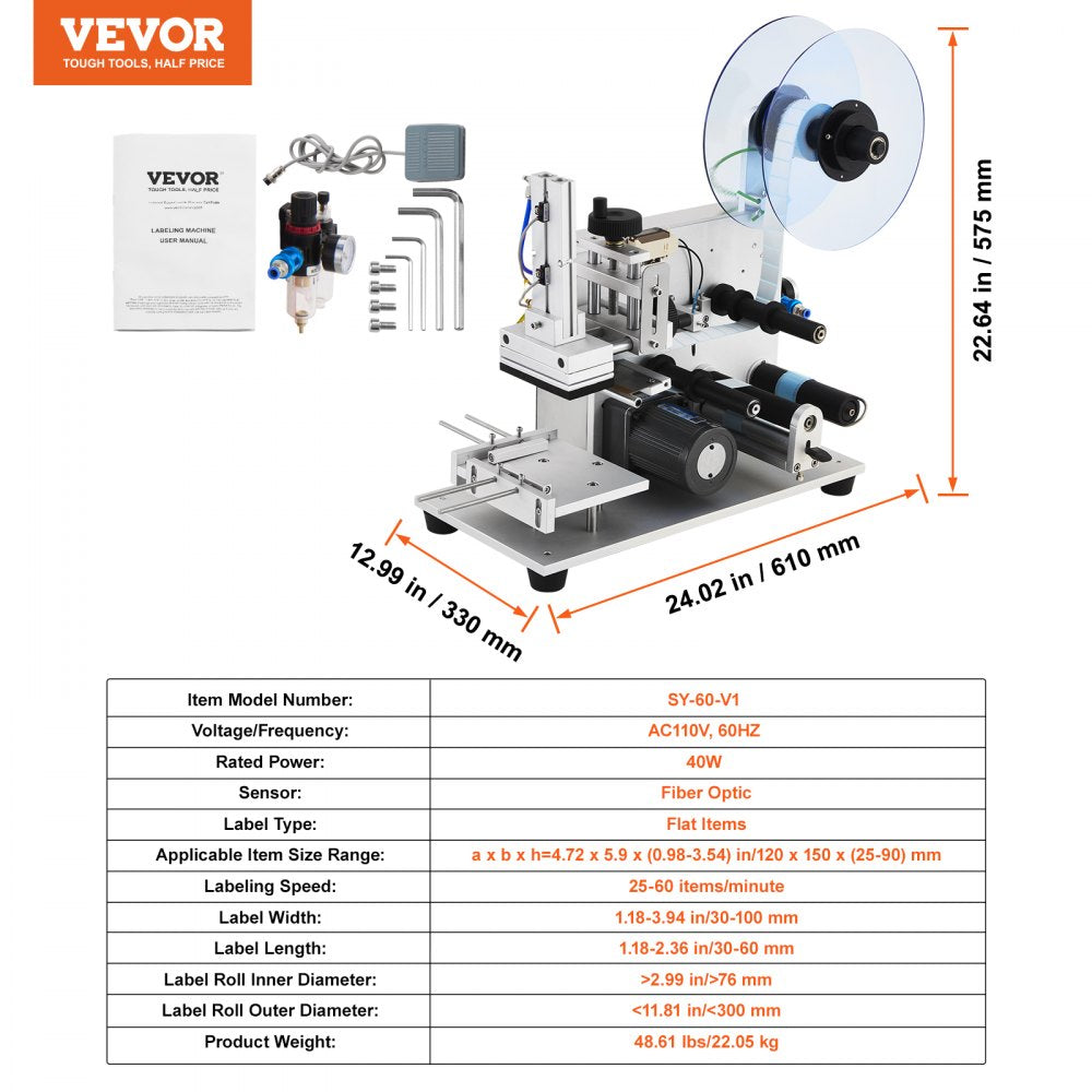 VEVOR Electric Flat Labeling Machine, 25-60pcs/min, Flat Surface Label Applicator for Cardboard Boxes/Square Bottles/Tin Cans, Labeler Suitable for Item Size Range of 4.72 x 5.9 x (0.98-3.54) inches 