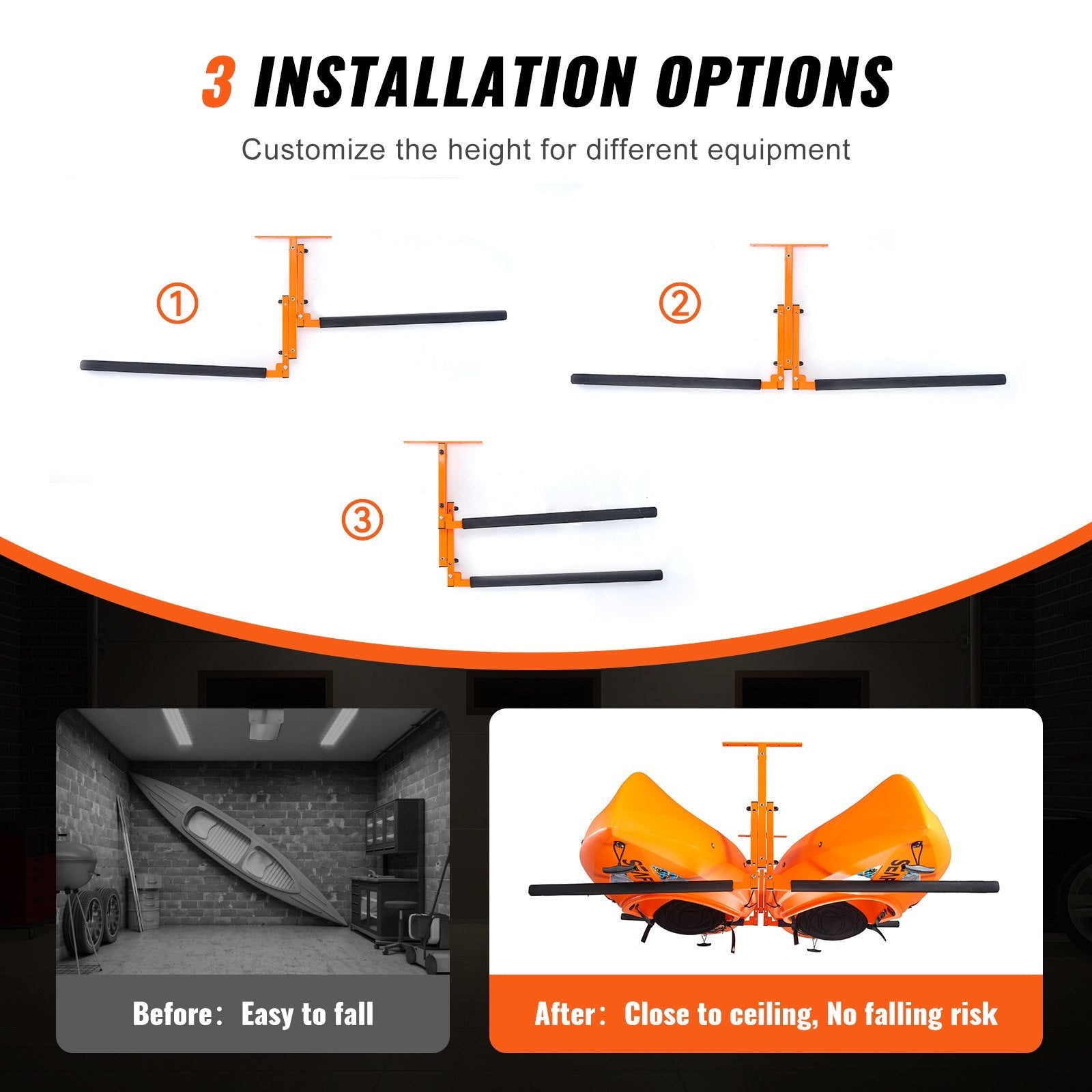 VEVOR Kayak Ceiling Storage Rack, Ceiling Storage Rack for 2 Kayak Canoe SUP, Adjustable Height Overhead Kayak Holder Hanger with Padded Arms, 250 LBS Max Load, for Indoor Outdoor Storage 