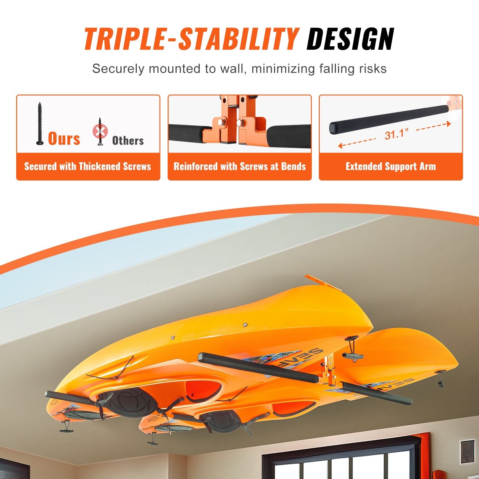 VEVOR Kayak Ceiling Storage Rack, Ceiling Storage Rack for 2 Kayak Canoe SUP, Adjustable Height Overhead Kayak Holder Hanger with Padded Arms, 250 LBS Max Load, for Indoor Outdoor Storage 