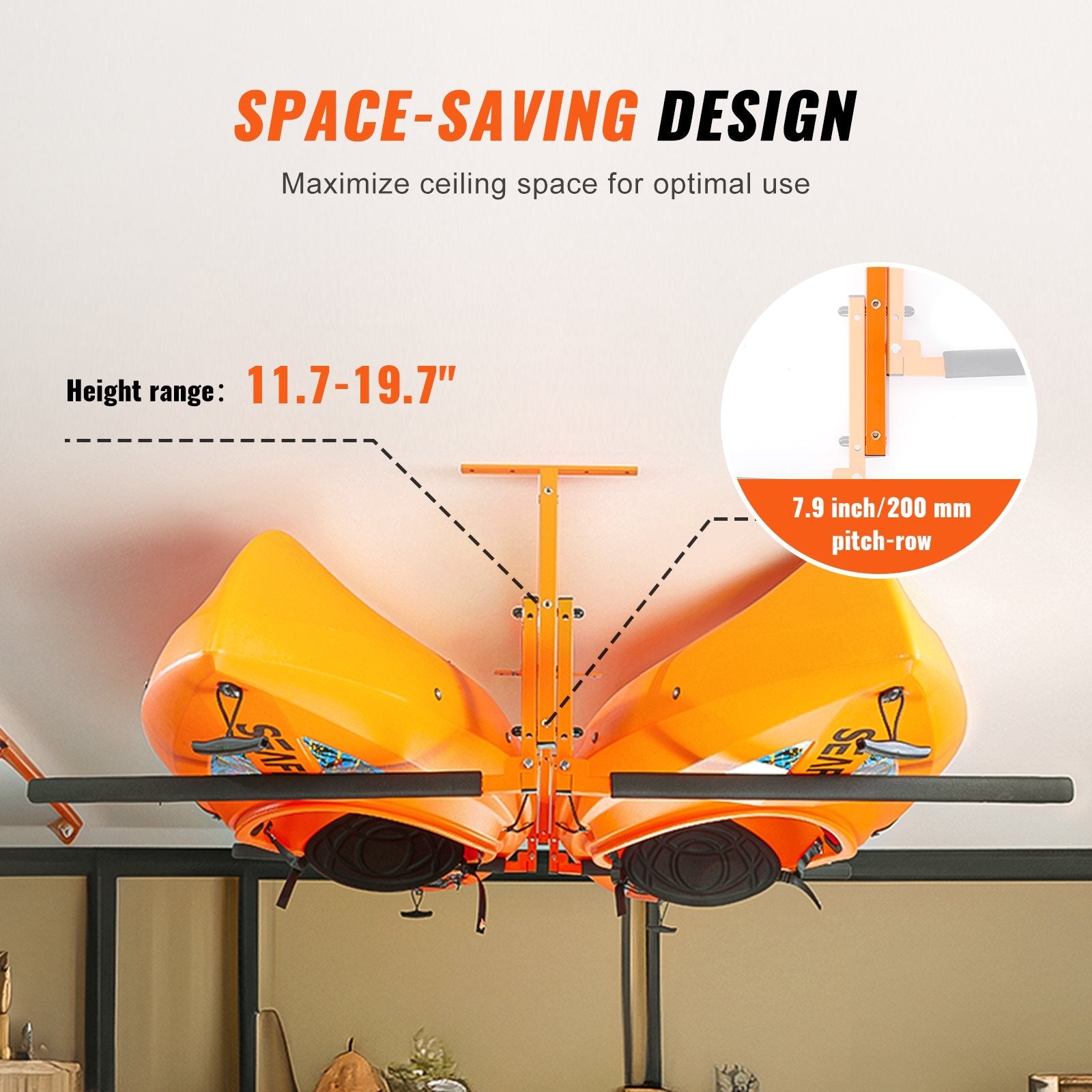 VEVOR Kayak Ceiling Storage Rack, Ceiling Storage Rack for 2 Kayak Canoe SUP, Adjustable Height Overhead Kayak Holder Hanger with Padded Arms, 250 LBS Max Load, for Indoor Outdoor Storage 