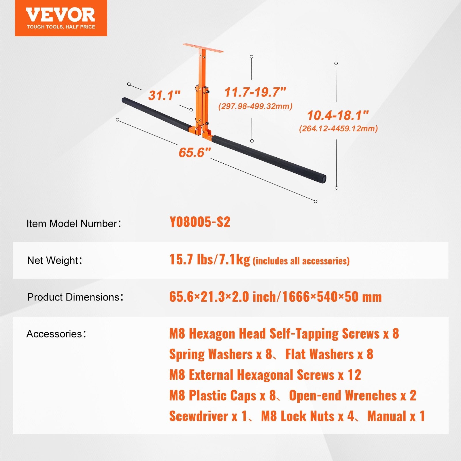 VEVOR Kayak Ceiling Storage Rack, Ceiling Storage Rack for 2 Kayak Canoe SUP, Adjustable Height Overhead Kayak Holder Hanger with Padded Arms, 250 LBS Max Load, for Indoor Outdoor Storage 