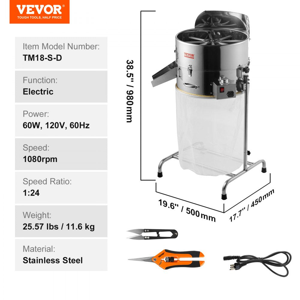 VEVOR Electric Bud Trimmer, 18'' Electric Leaf Trimmer Machine with 60W Adjustable Speed, Tillable Trimmer with Stainless-Steel Blades, Bud Leaf Trimmer Mesh Bag & Hand Pruner Included for Leaves, Bud 