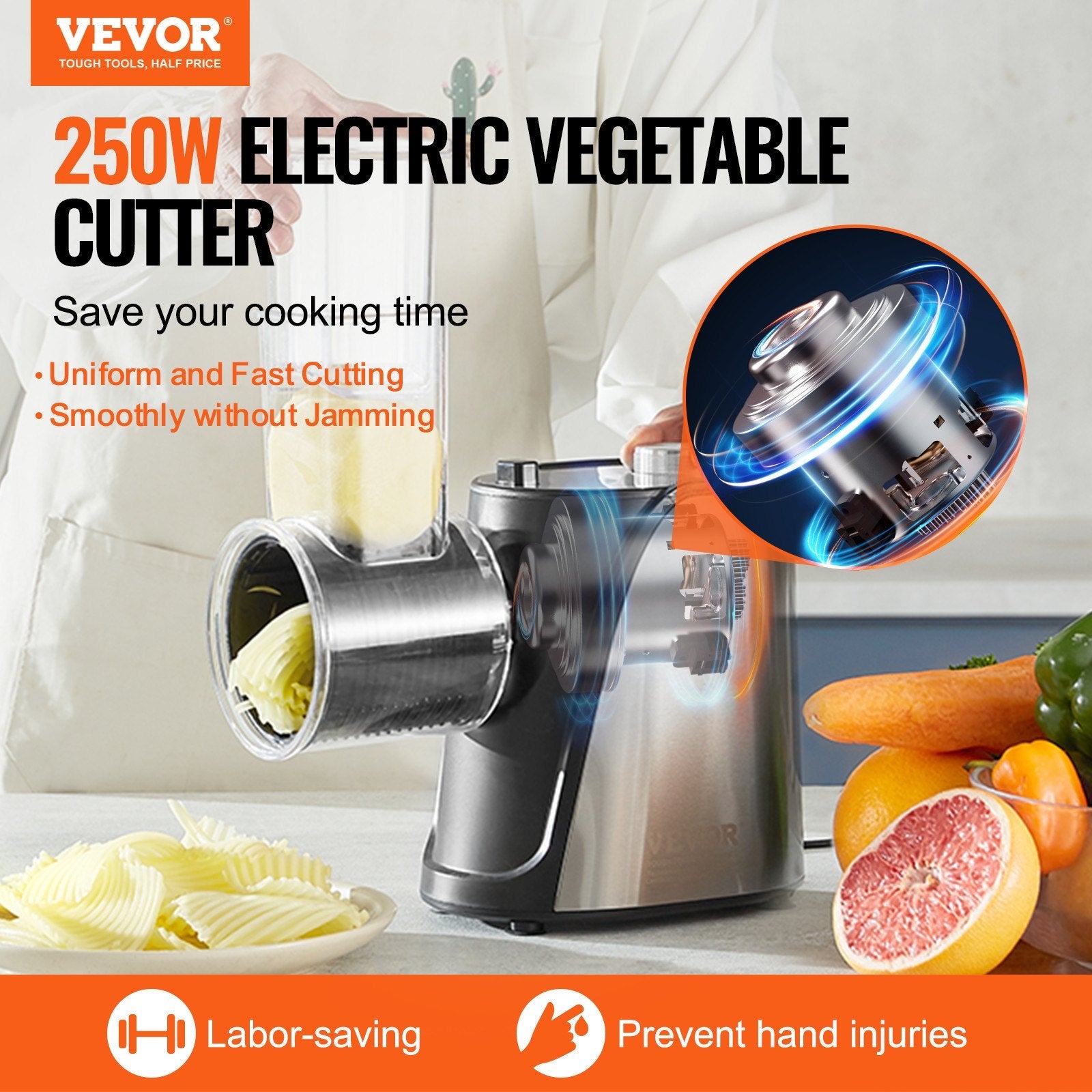 VEVOR Electric Cheese Grater Salad Maker, 250W Salad Shooter, Electric Vegetable Slicer Shredder Chopper for Fruits with 5 Attachments, Stainless Steel Food Cutter for Vegetables, and Cheeses 