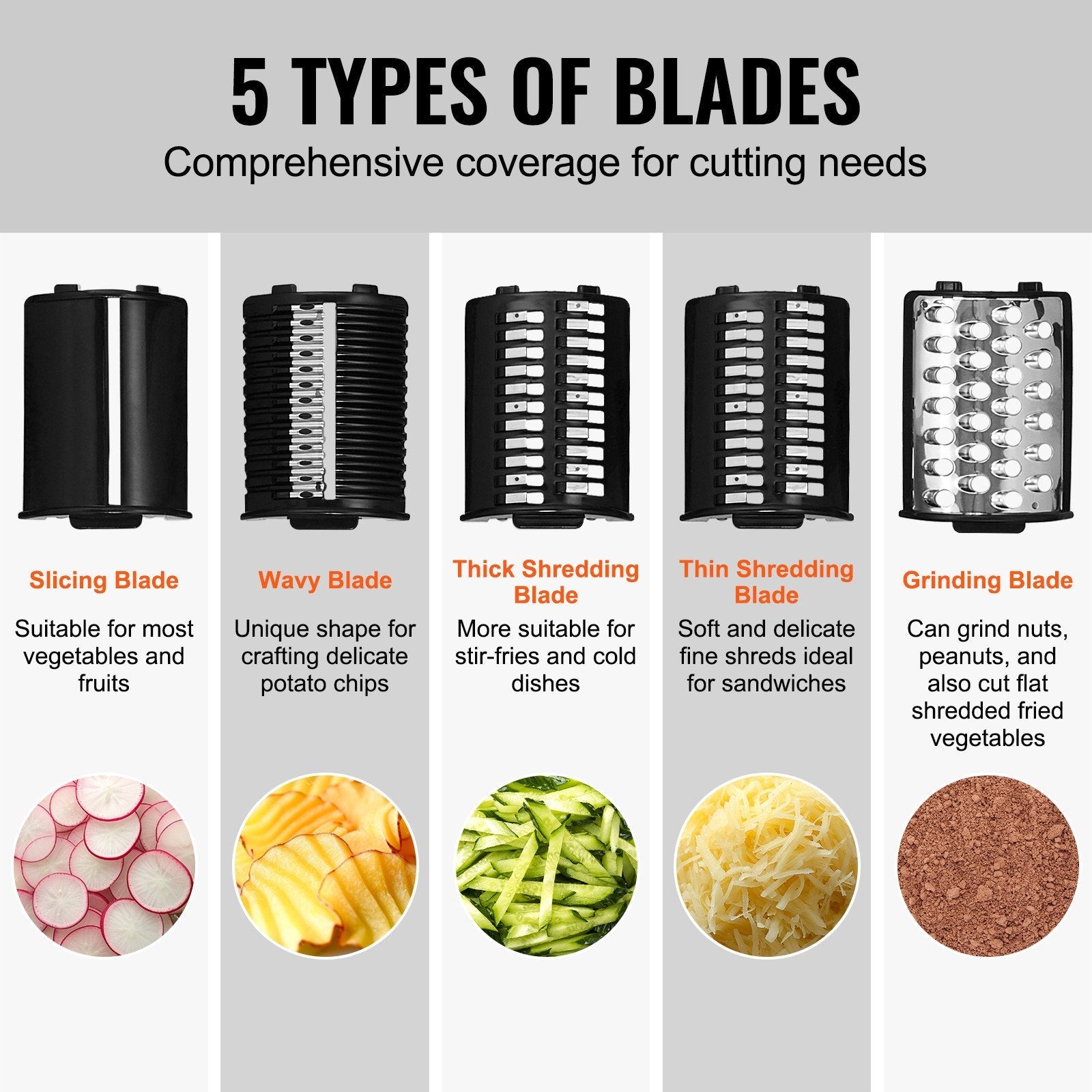 VEVOR Electric Cheese Grater Salad Maker, 250W Salad Shooter, Electric Vegetable Slicer Shredder Chopper for Fruits with 5 Attachments, Stainless Steel Food Cutter for Vegetables, and Cheeses 