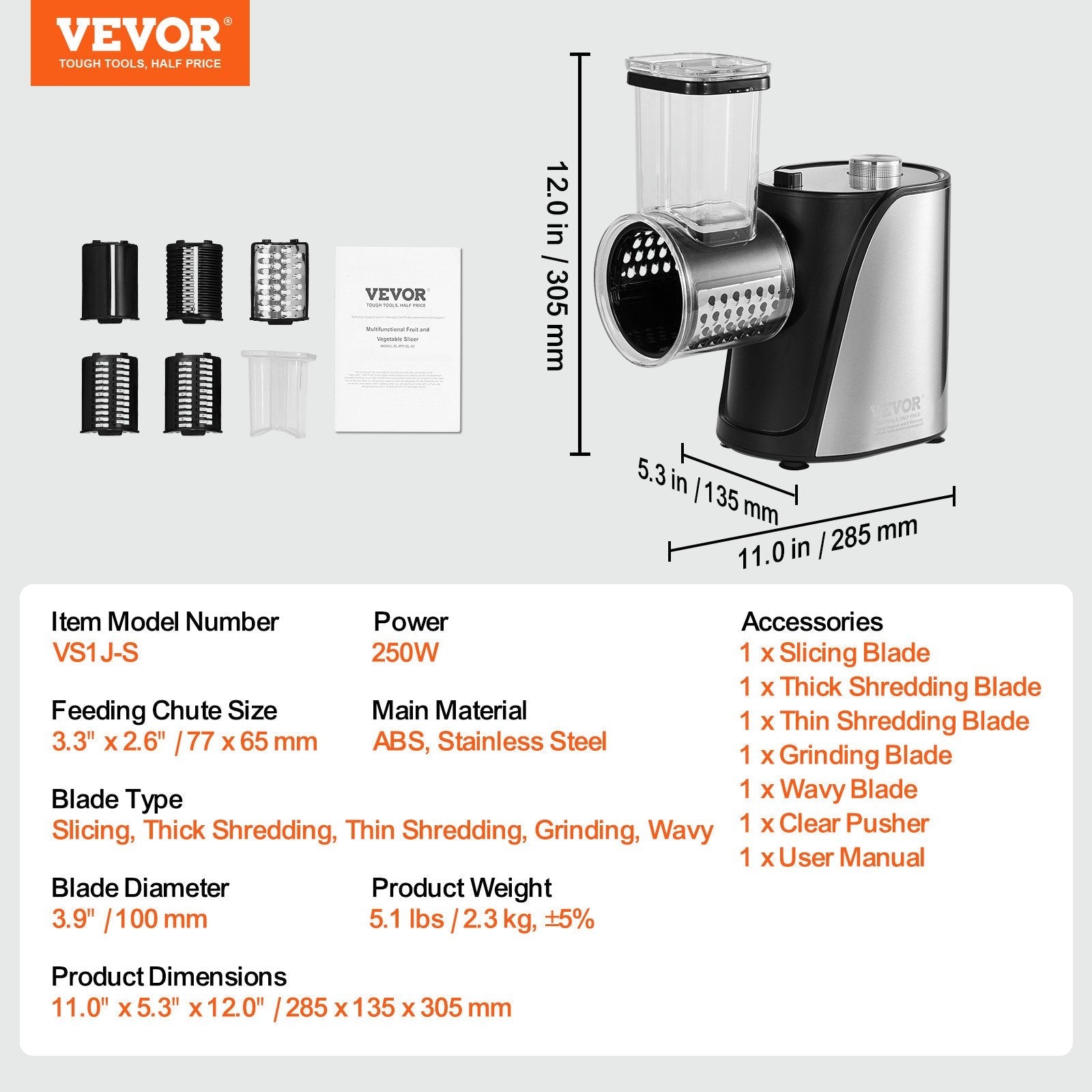 VEVOR Electric Cheese Grater Salad Maker, 250W Salad Shooter, Electric Vegetable Slicer Shredder Chopper for Fruits with 5 Attachments, Stainless Steel Food Cutter for Vegetables, and Cheeses 