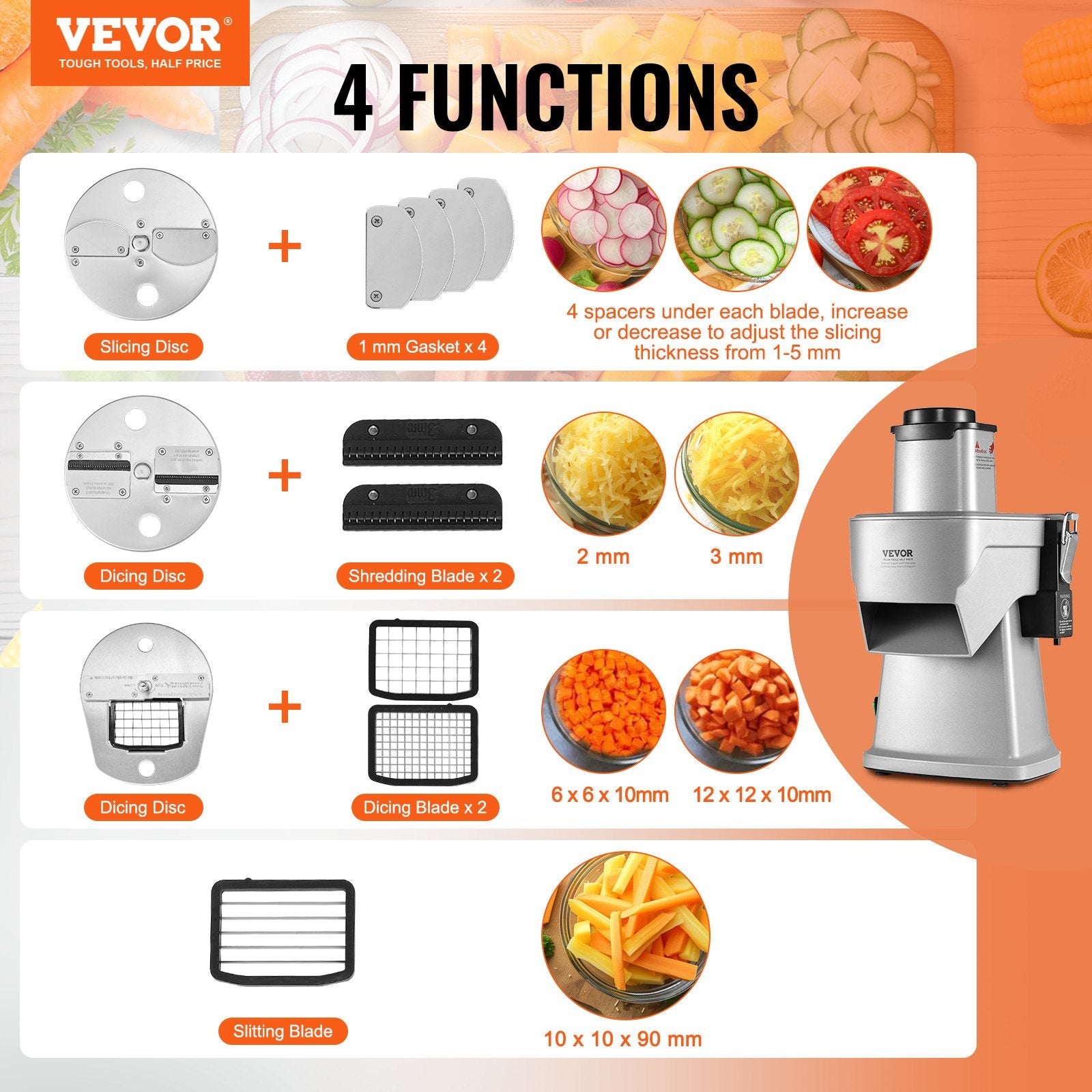 VEVOR Electric Vegetable Slicer, 4 in 1 Multifunctional Food Cutter, 200W Vegetable Chopper for Slicing Shredding Dicing and Slitting, with Cut-Resistant Gloves, for Commercial and Home Use 