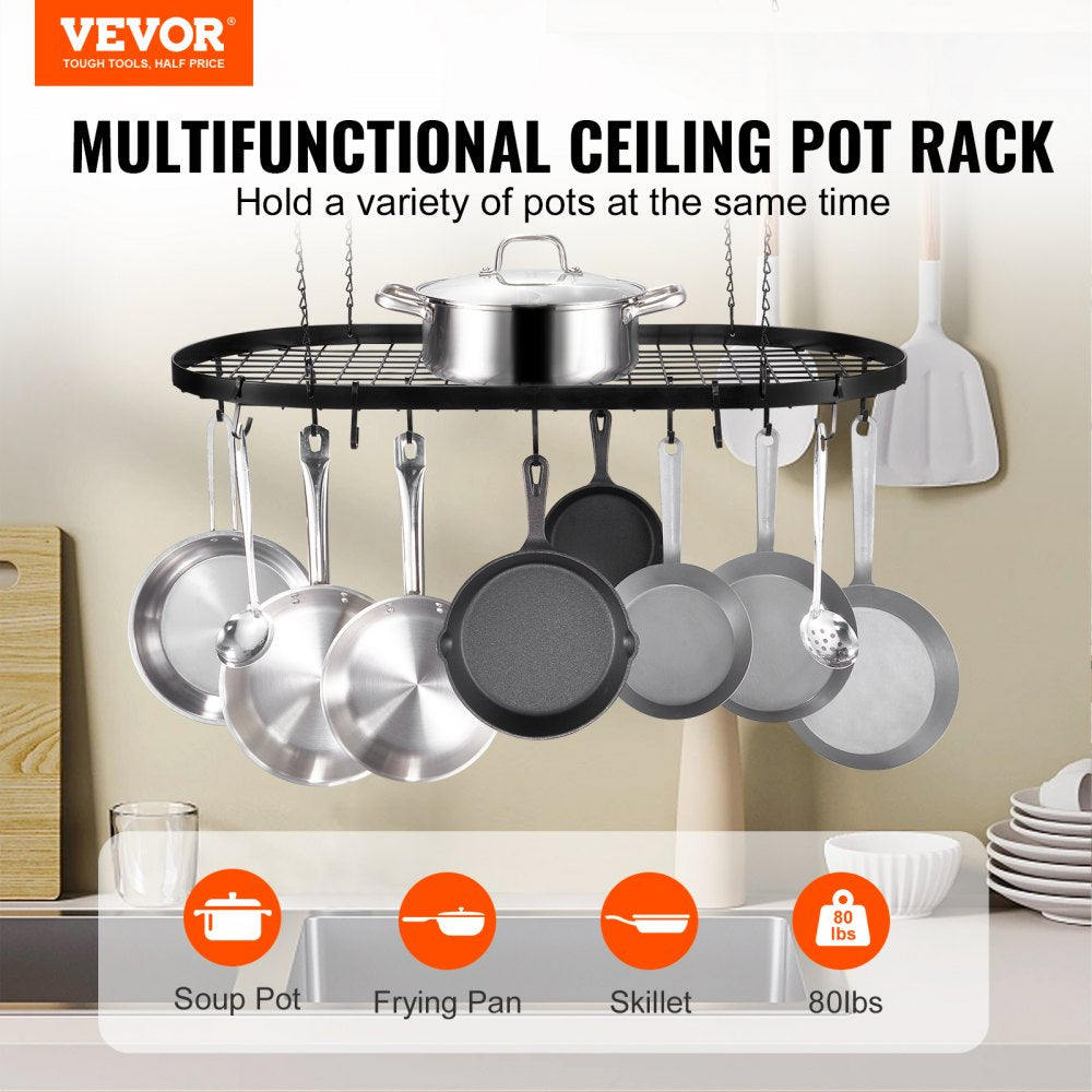 VEVOR Hanging Pot Rack, 32 inch Hanging Pot Rack Ceiling Mount, Ceiling Pot Rack with 12 S Hooks, 80 lbs Loading Weight, Ideal for Home, Restaurant, Kitchen Cookware, Utensils 