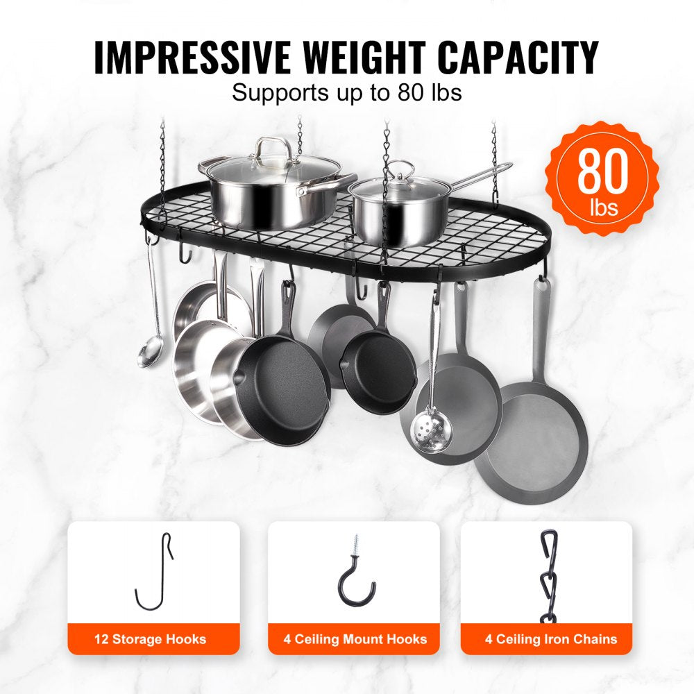VEVOR Hanging Pot Rack, 32 inch Hanging Pot Rack Ceiling Mount, Ceiling Pot Rack with 12 S Hooks, 80 lbs Loading Weight, Ideal for Home, Restaurant, Kitchen Cookware, Utensils 