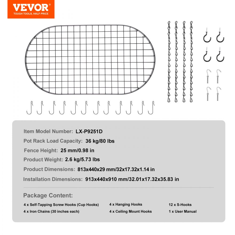 VEVOR Hanging Pot Rack, 32 inch Hanging Pot Rack Ceiling Mount, Ceiling Pot Rack with 12 S Hooks, 80 lbs Loading Weight, Ideal for Home, Restaurant, Kitchen Cookware, Utensils 