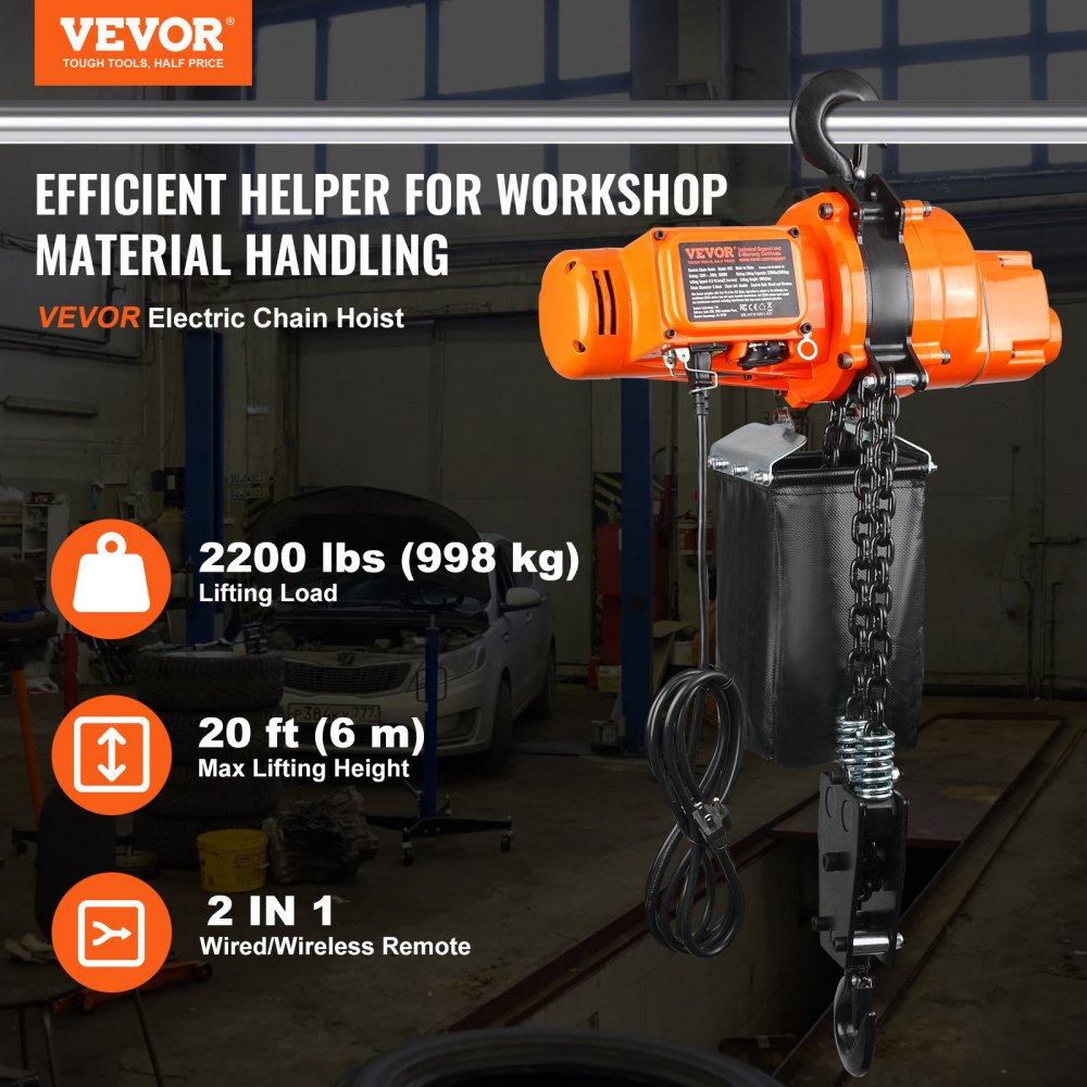 VEVOR Electric Chain Hoist Single Phase Crane Hoist 2200 lbs Load 20 ft Lifting 