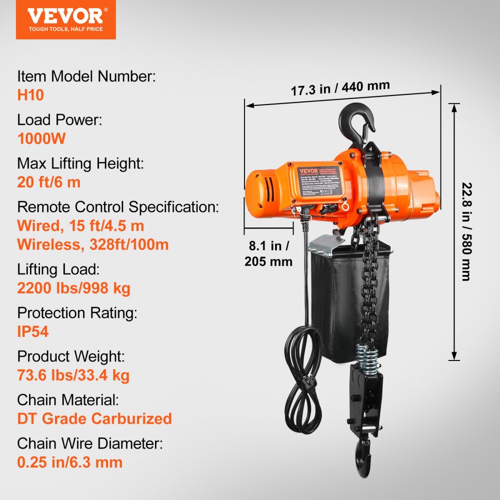 VEVOR Electric Chain Hoist Single Phase Crane Hoist 2200 lbs Load 20 ft Lifting 
