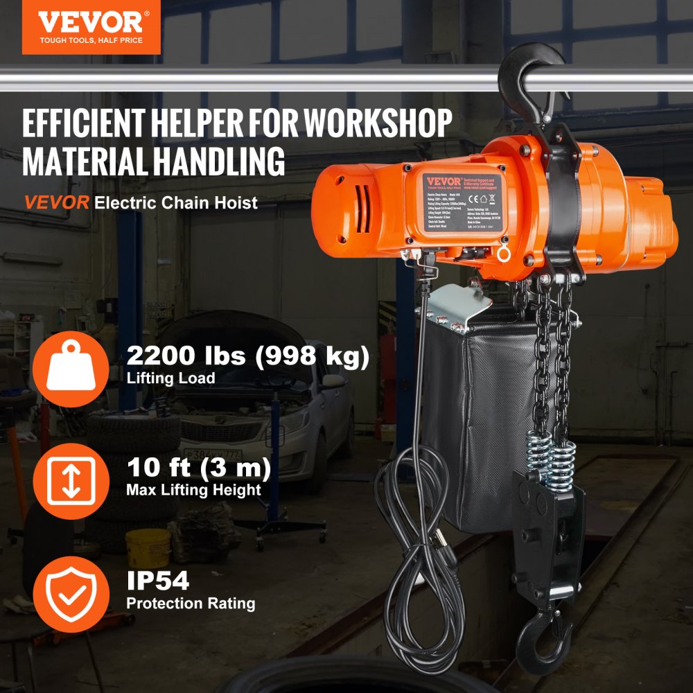 VEVOR Electric Chain Hoist Single Phase Crane Hoist 2200 lbs Load 10 ft Lifting 