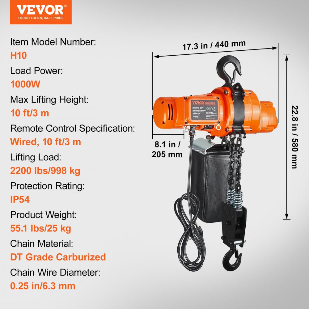 VEVOR Electric Chain Hoist Single Phase Crane Hoist 2200 lbs Load 10 ft Lifting 